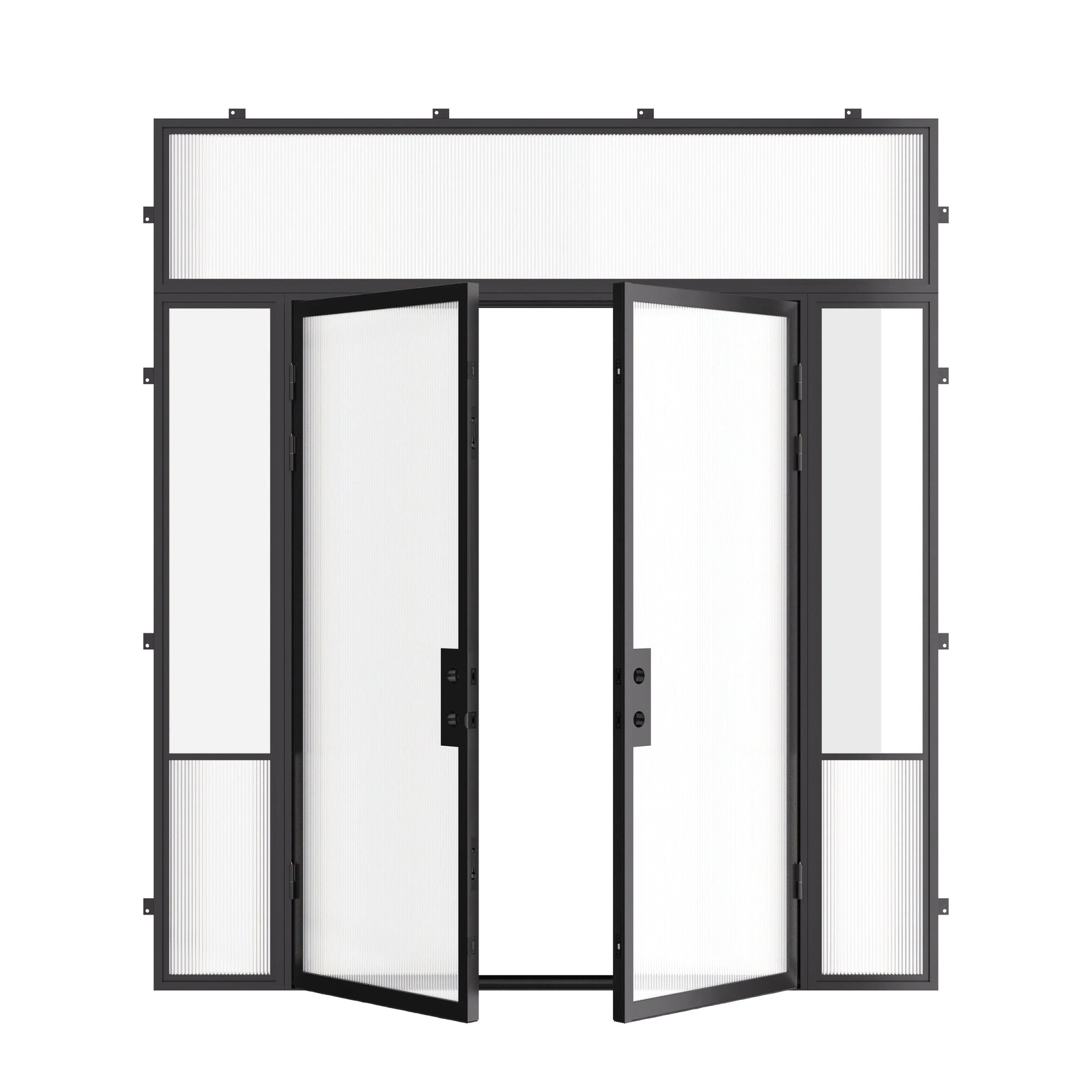 Designer architectural steel double doors with sidelights and flat transom, thermal break frame with tempered glass