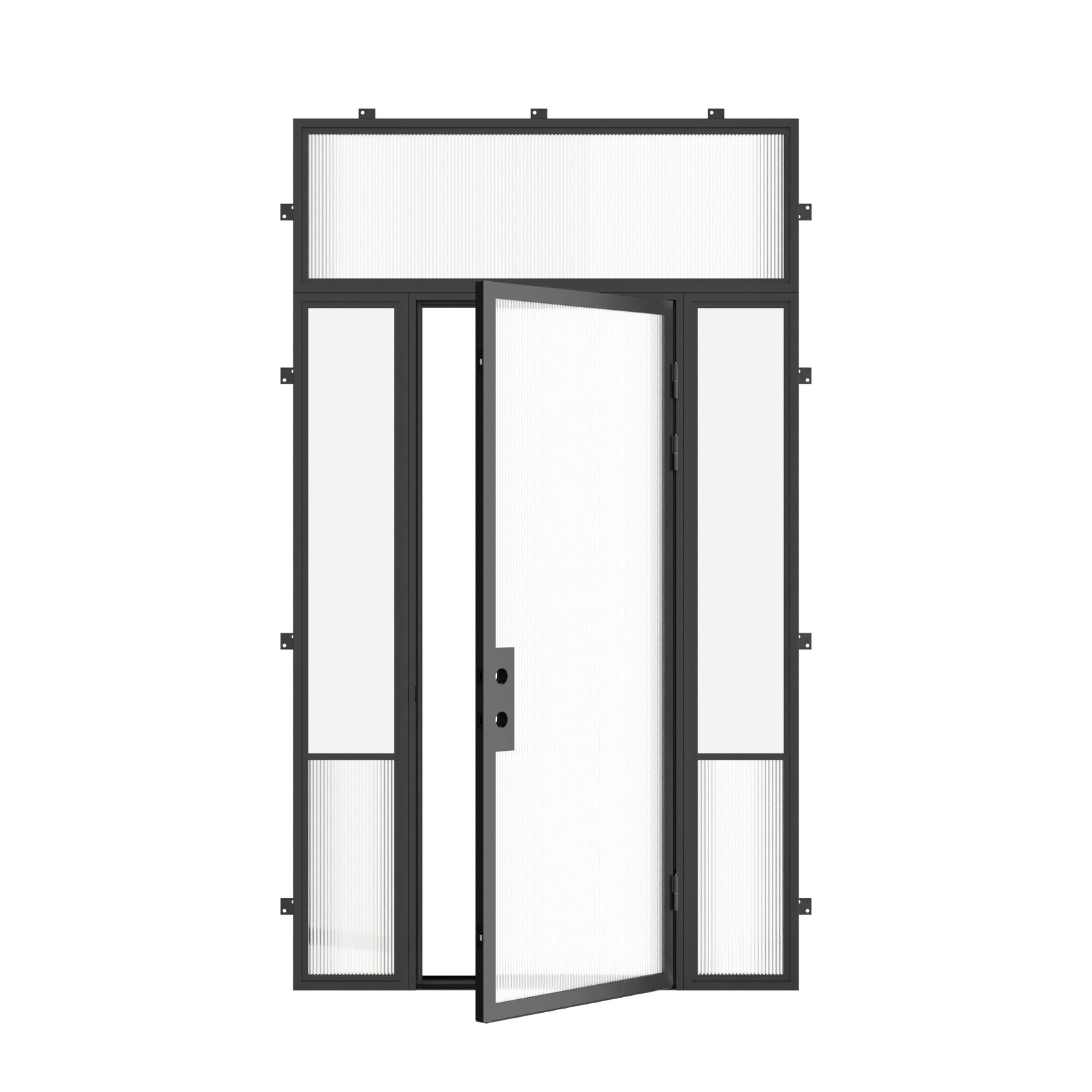 Contemporary Air Grand steel exterior door with sidelights and flat transom glass in galvanized steel frame with Low-E glazing