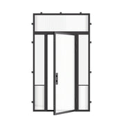 Contemporary Air Grand steel exterior door with sidelights and flat transom glass in galvanized steel frame with Low-E glazing