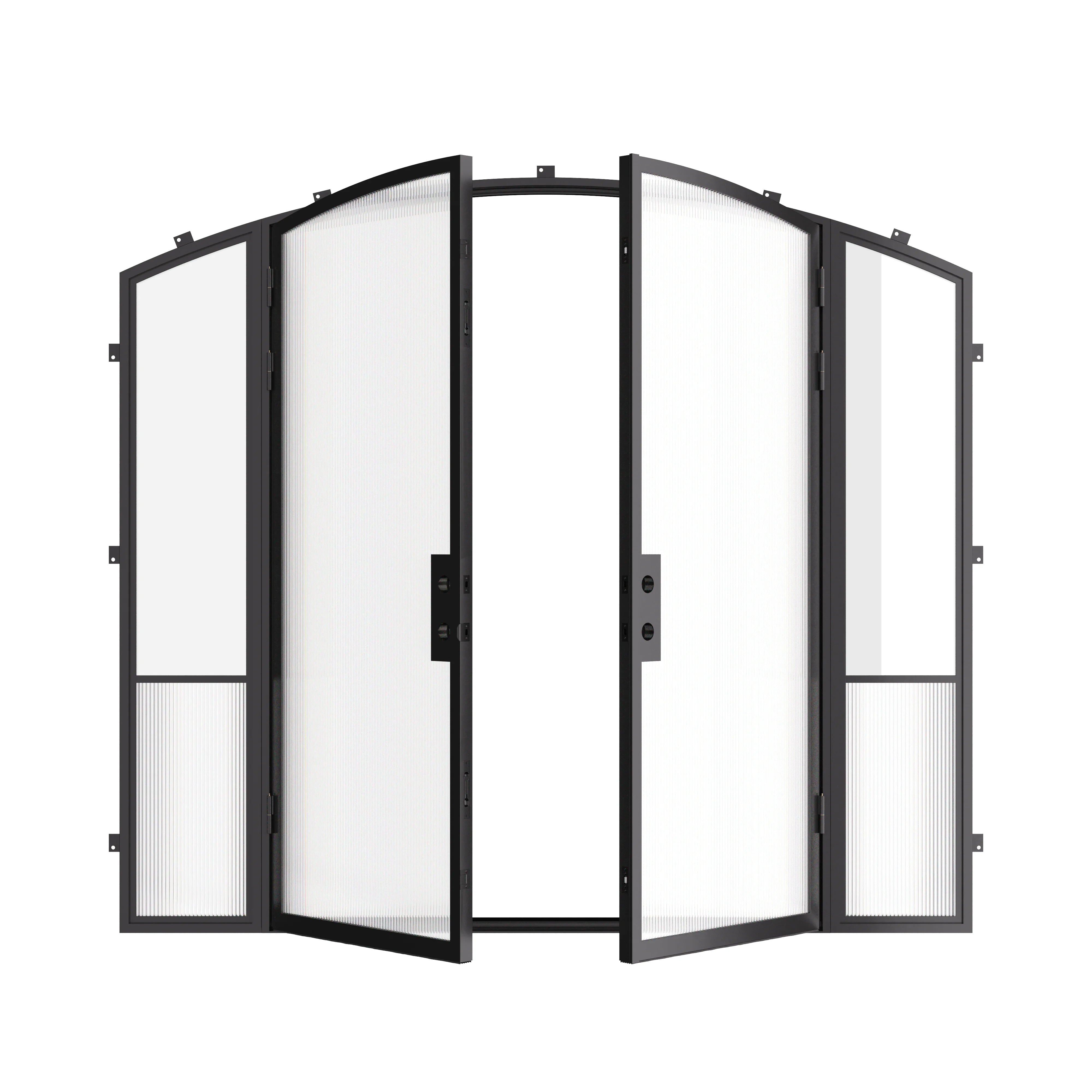Contemporary exterior steel entry doors with sidelights and double arch design, insulated tempered Low-E glass panels