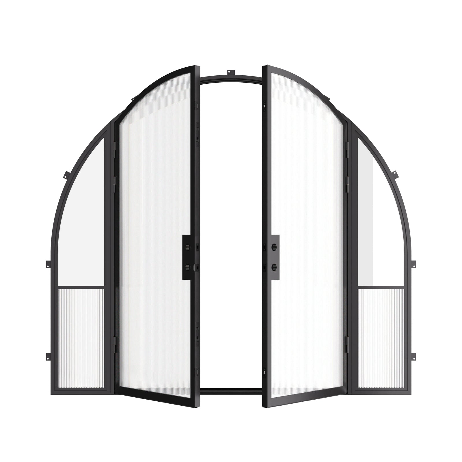 Modern exterior steel full arch double doors with sidelights, cold-rolled galvanized steel frame with ribbed glass accents