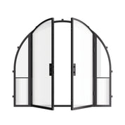 Modern exterior steel full arch double doors with sidelights, cold-rolled galvanized steel frame with ribbed glass accents