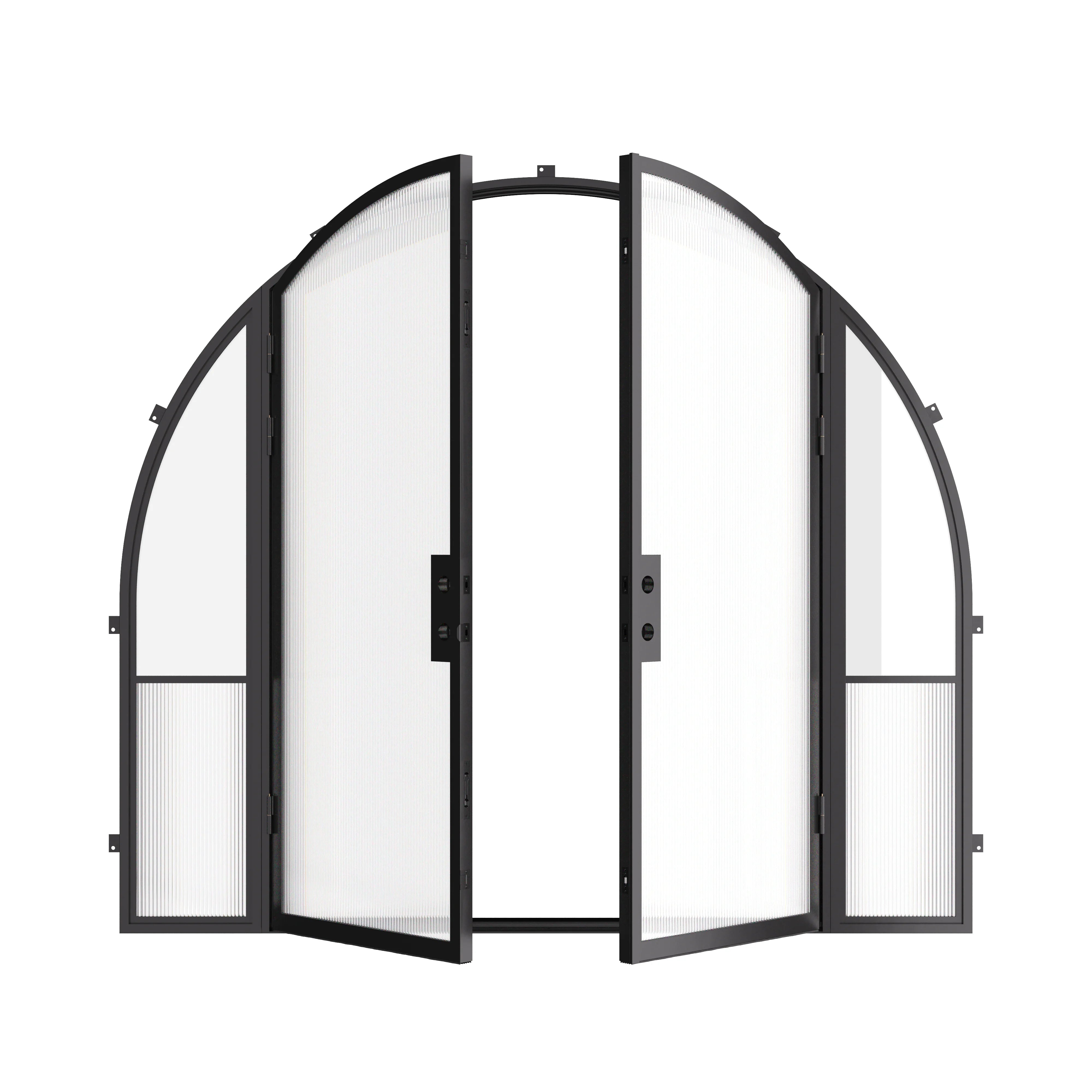 Modern exterior steel full arch double doors with sidelights, cold-rolled galvanized steel frame with ribbed glass accents