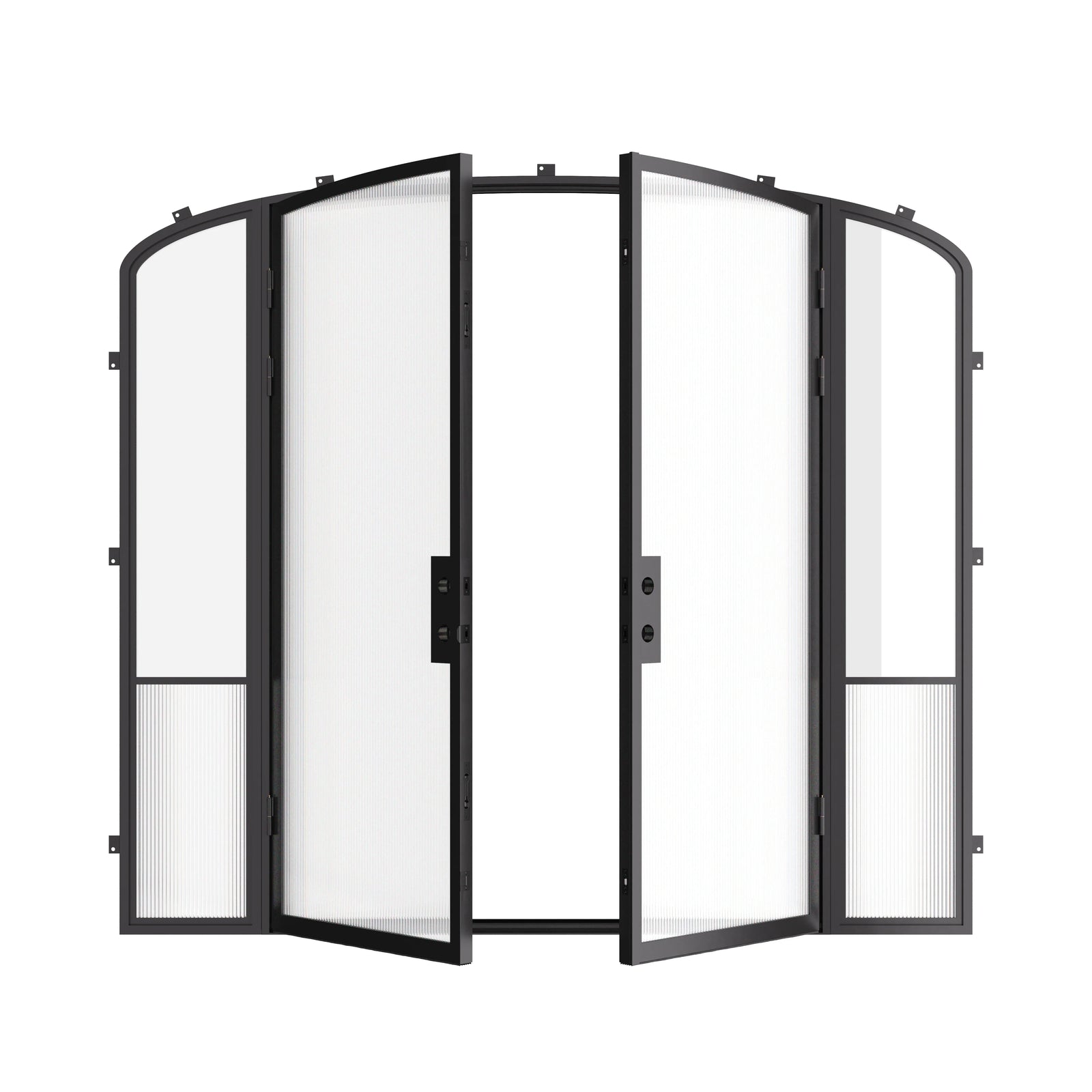 Modern exterior steel double doors with mini arches and sidelights, galvanized steel frame with ribbed glass accents