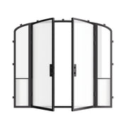 Modern exterior steel double doors with mini arches and sidelights, galvanized steel frame with ribbed glass accents
