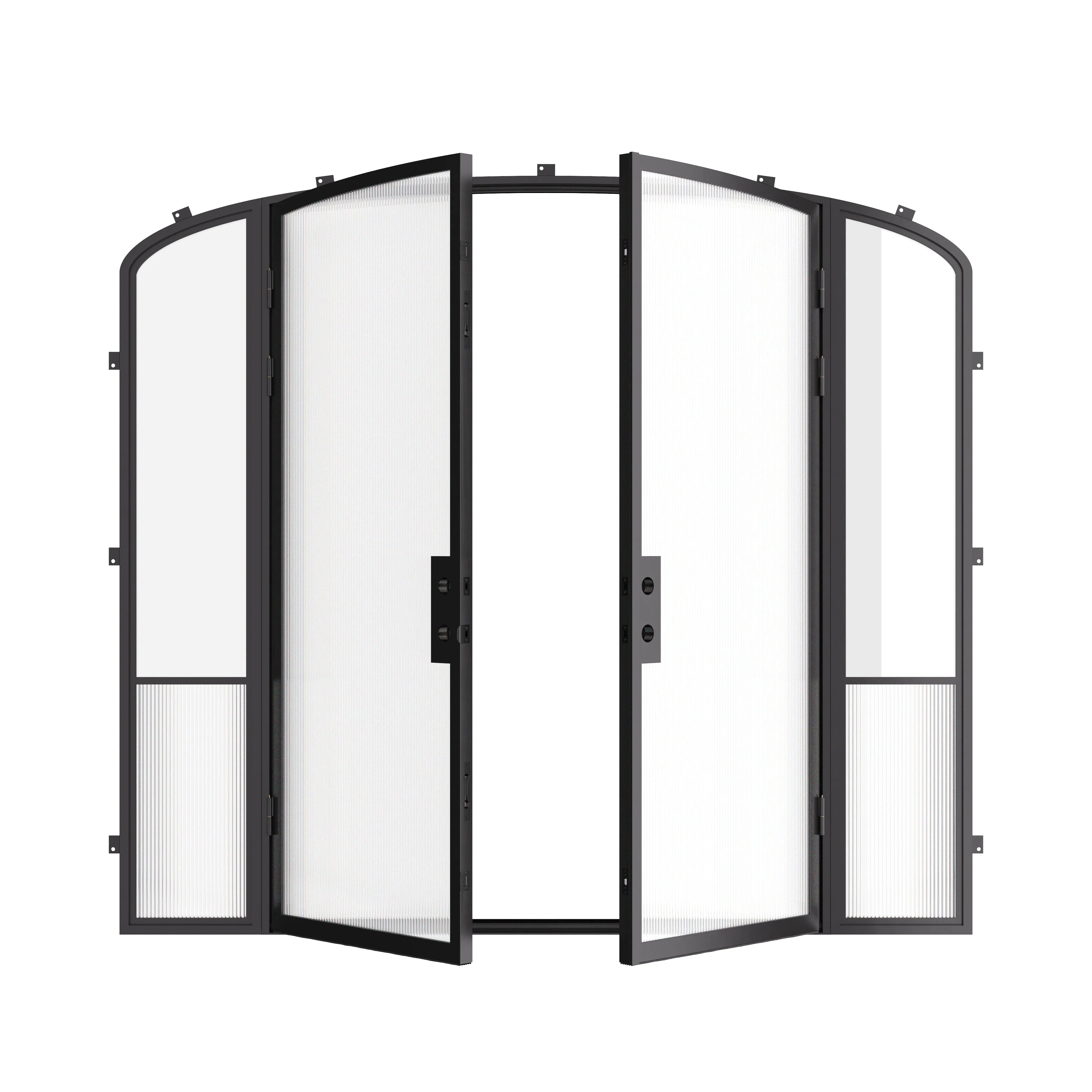 Modern exterior steel double doors with mini arches and sidelights, galvanized steel frame with ribbed glass accents