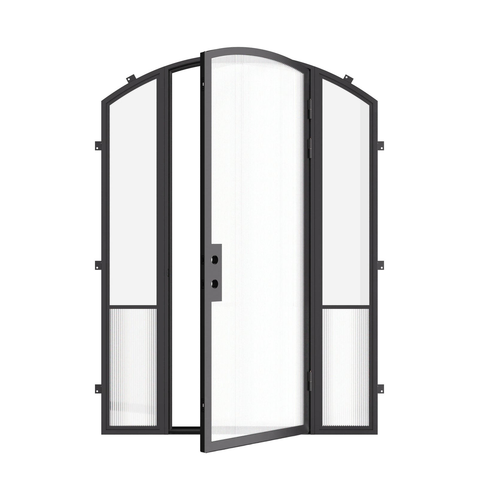 Contemporary exterior steel arch entry door with sidelights, cold-rolled galvanized steel and ribbed glass accents