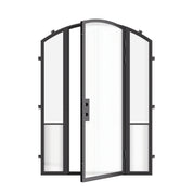 Contemporary exterior steel arch entry door with sidelights, cold-rolled galvanized steel and ribbed glass accents