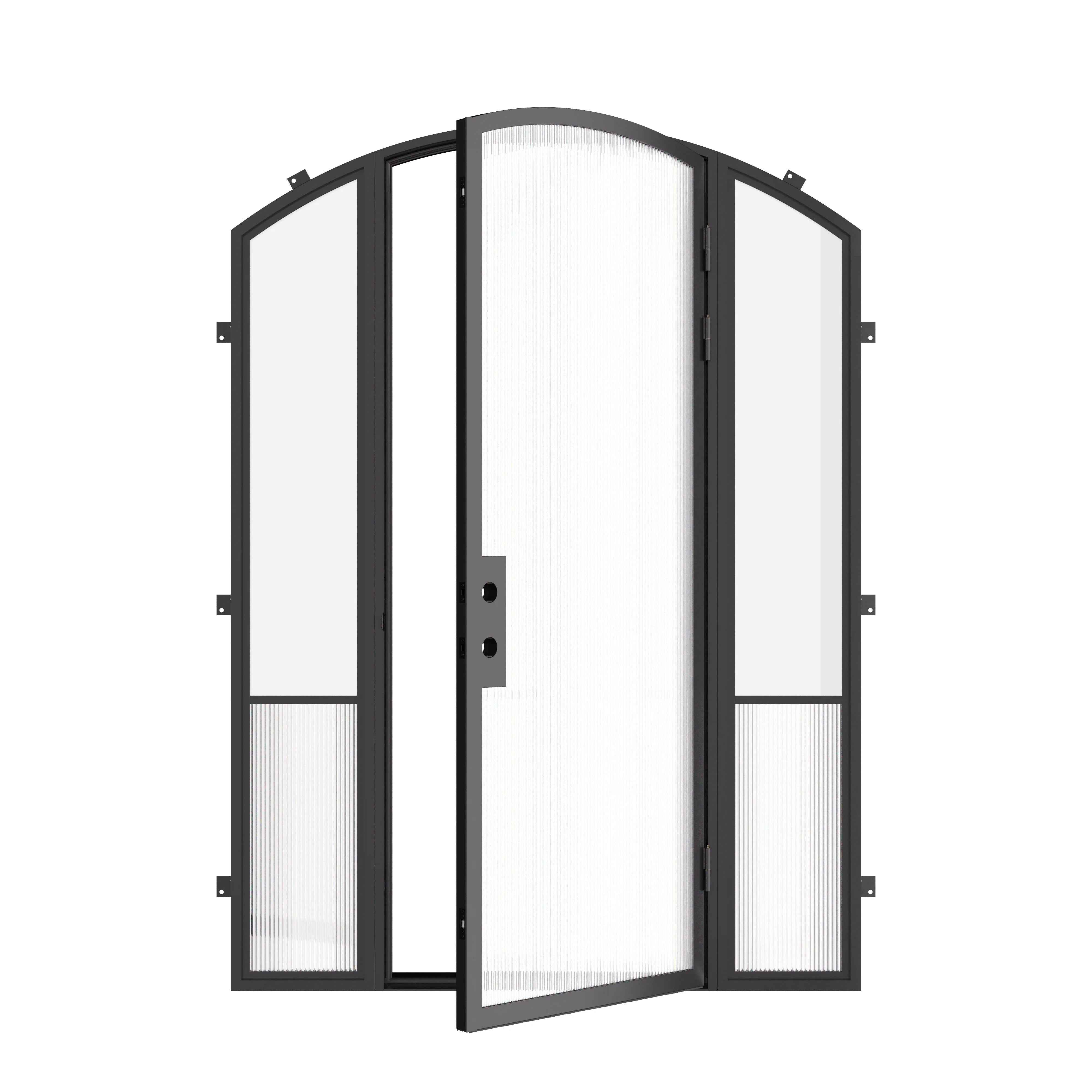Contemporary exterior steel arch entry door with sidelights, cold-rolled galvanized steel and ribbed glass accents