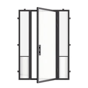 Modern exterior steel front door with sidelights, cold-rolled galvanized steel frame with ribbed glass accents