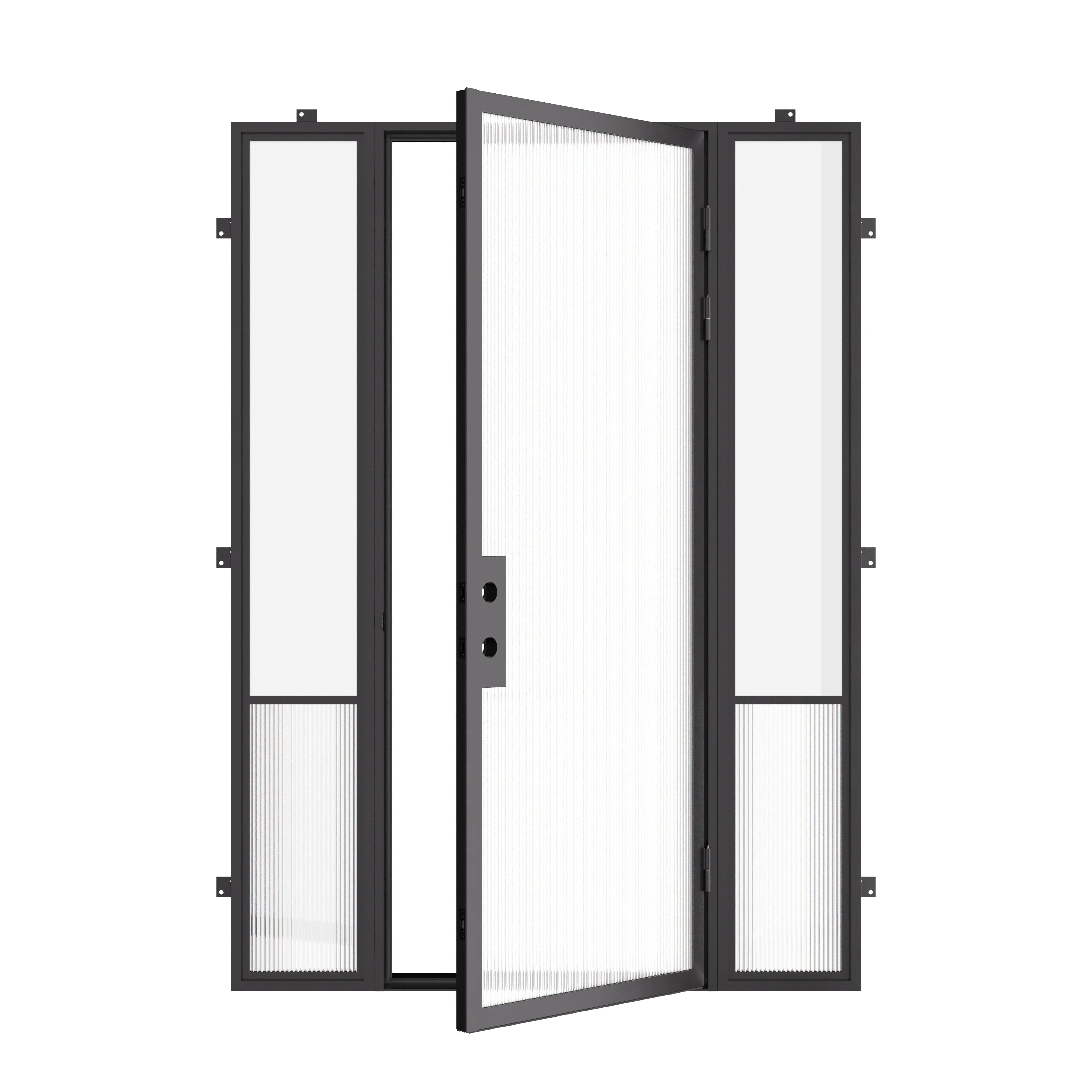 Modern exterior steel front door with sidelights, cold-rolled galvanized steel frame with ribbed glass accents