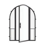 Modern exterior steel full arch door with sidelights, cold-rolled galvanized steel frame with ribbed glass accents