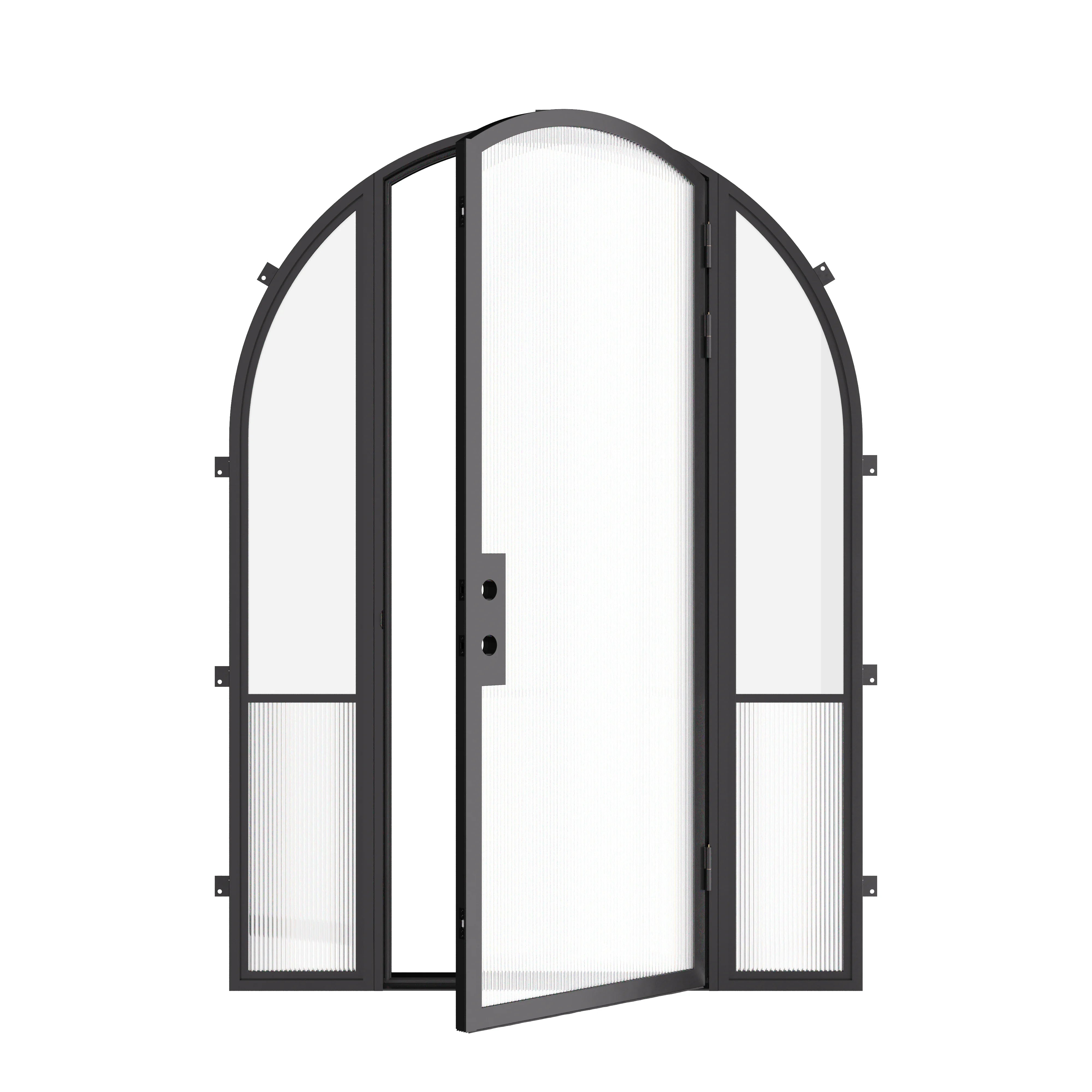 Modern exterior steel full arch door with sidelights, cold-rolled galvanized steel frame with ribbed glass accents