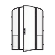 Modern exterior steel entry door with mini arch and sidelights, cold-rolled galvanized steel with ribbed glass accents