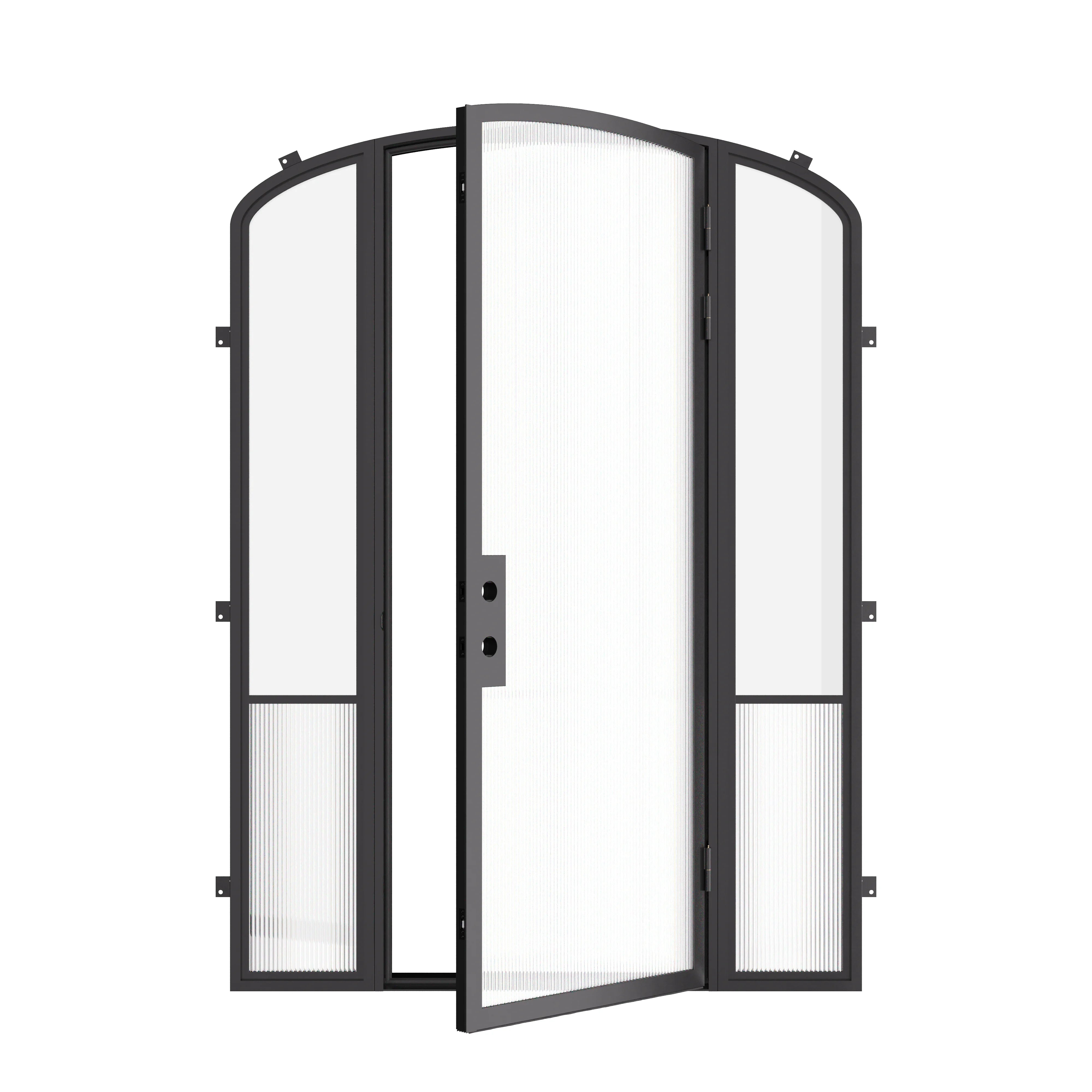 Modern exterior steel entry door with mini arch and sidelights, cold-rolled galvanized steel with ribbed glass accents
