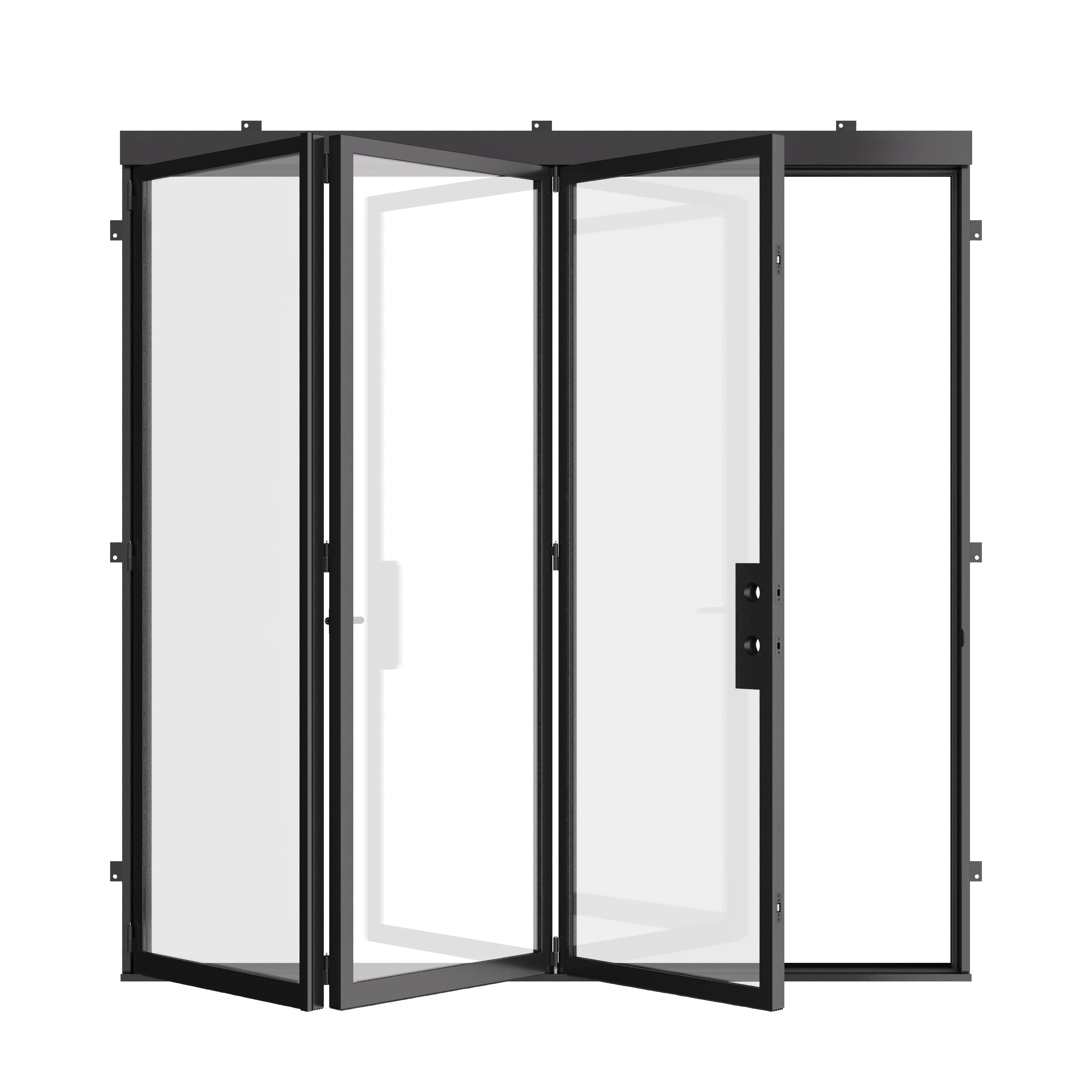 Cold-rolled steel bi-fold system with dual-pane low-E glass.