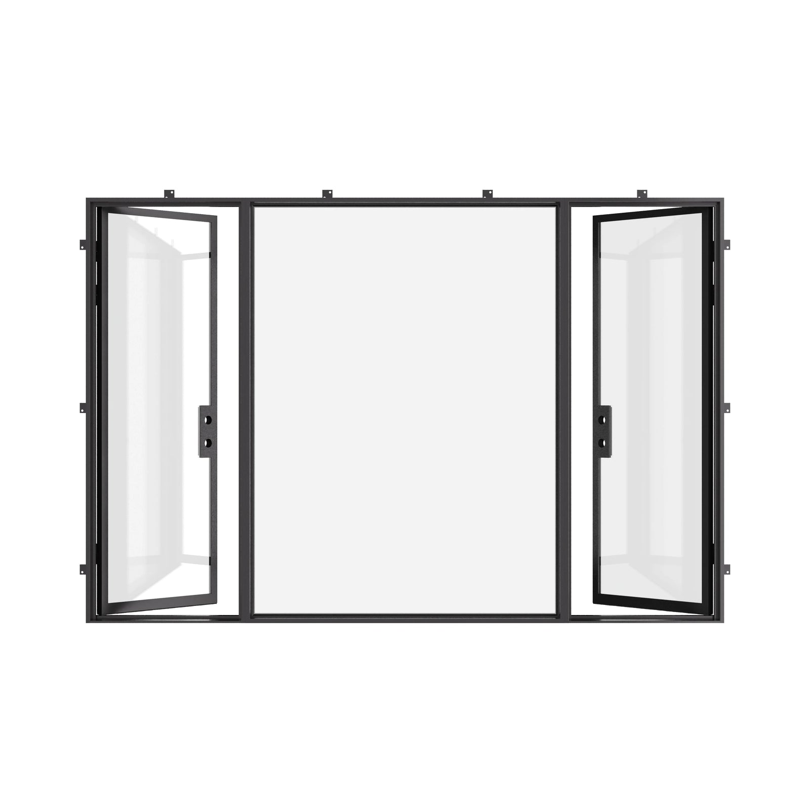 Dual single steel door set with insulated glazing and fixed center panel.
