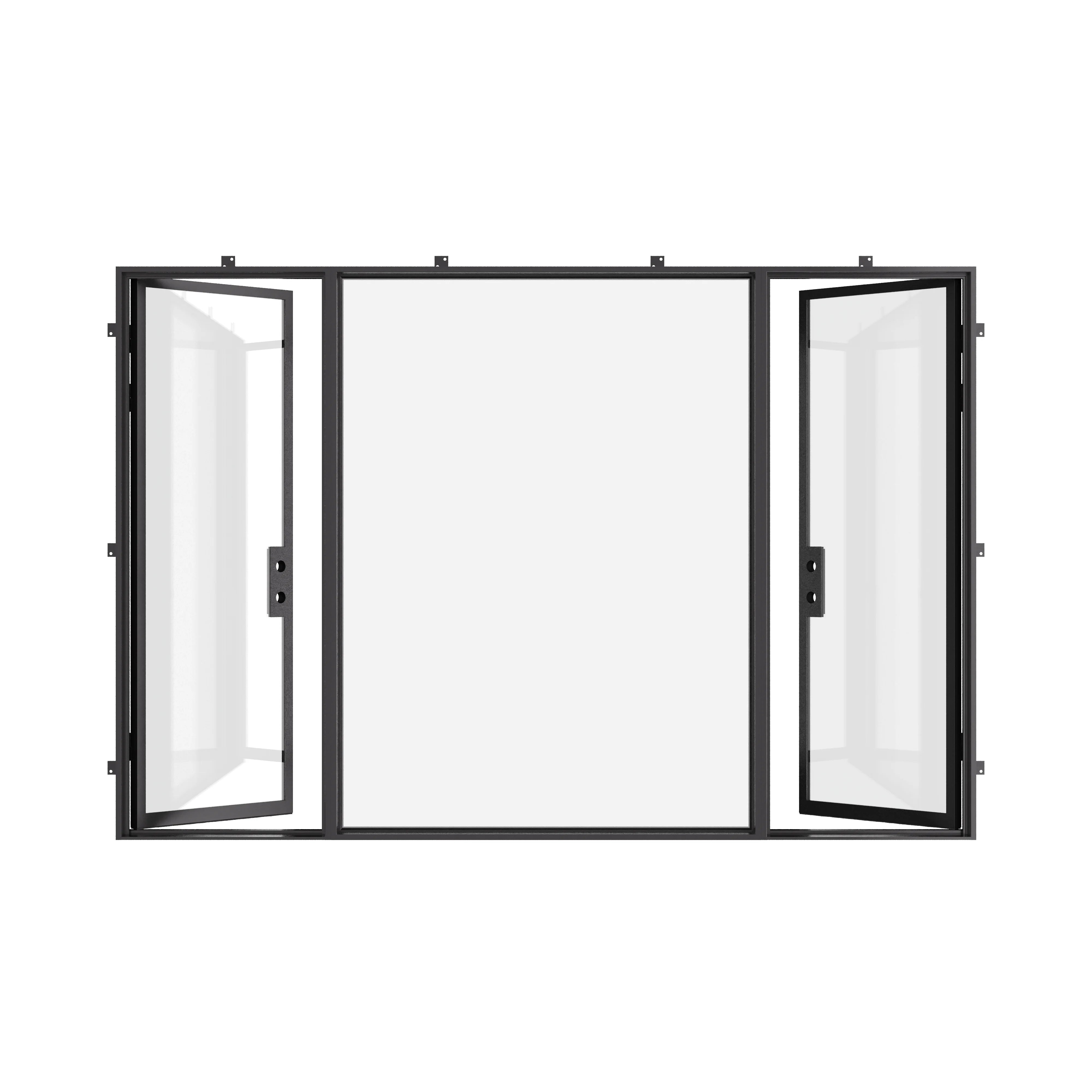 Dual single steel door set with insulated glazing and fixed center panel.