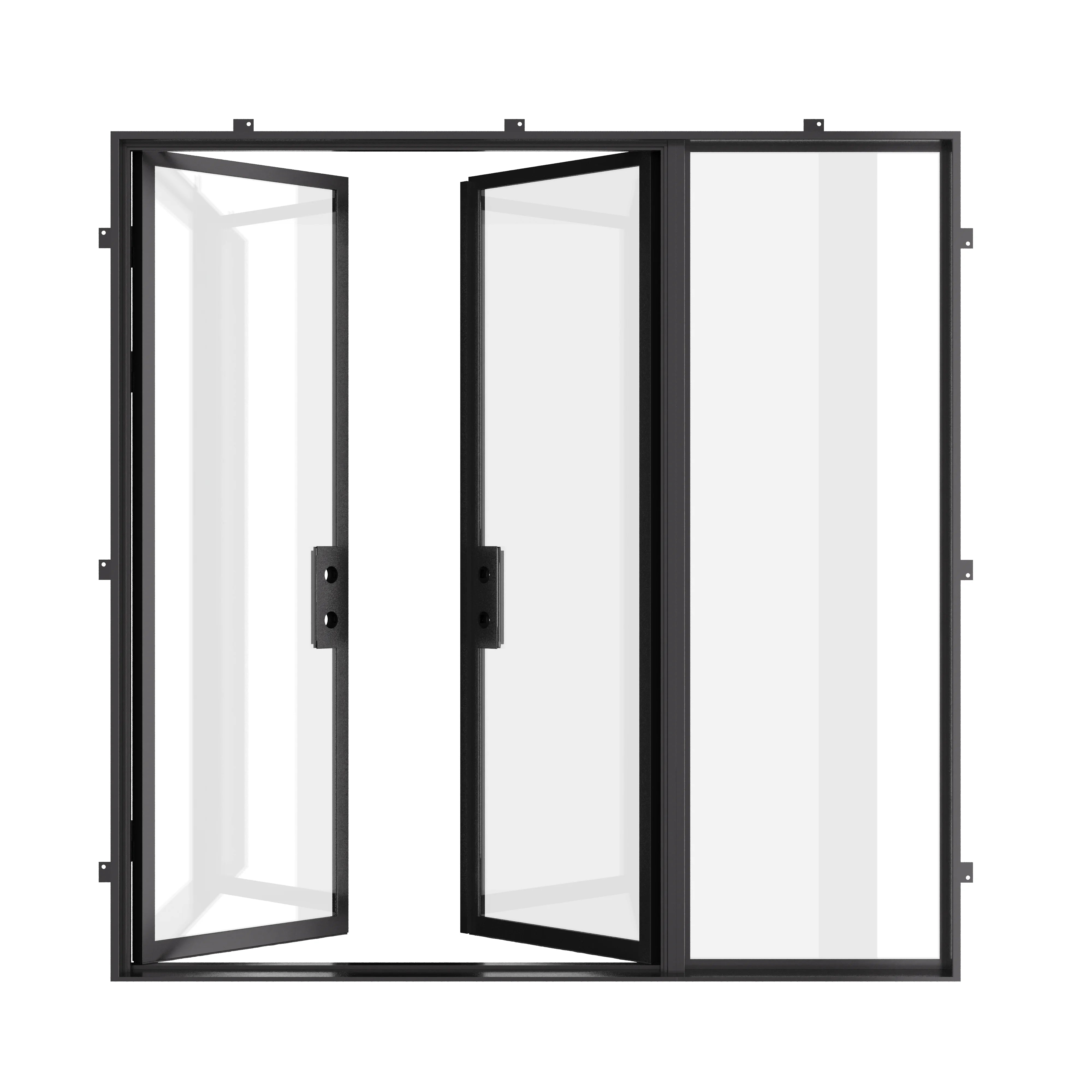 Architectural double steel doors with side window.