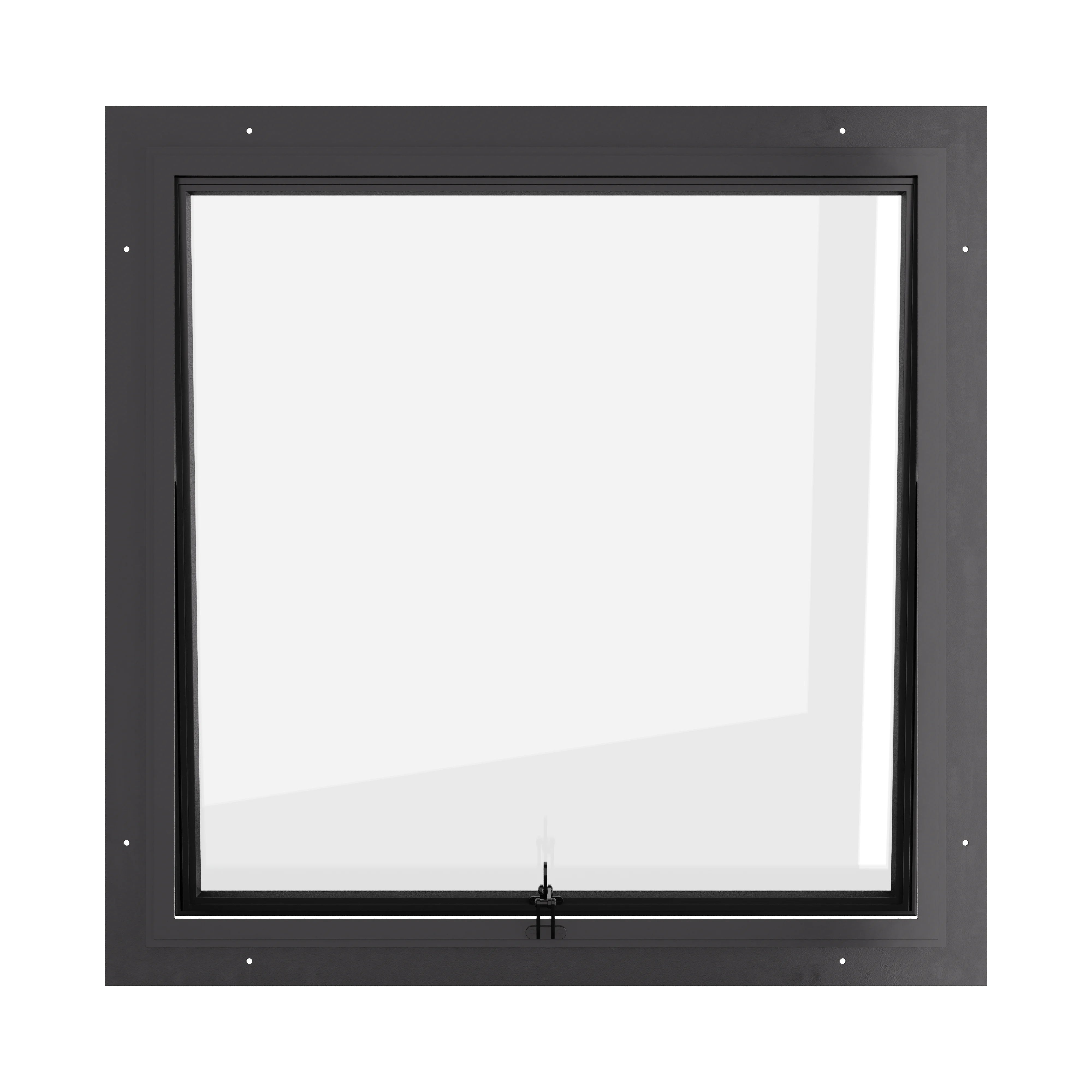 Thermally broken square awning window, 0V 0H grid, ring pull, cold-rolled steel, black, Low-E glass