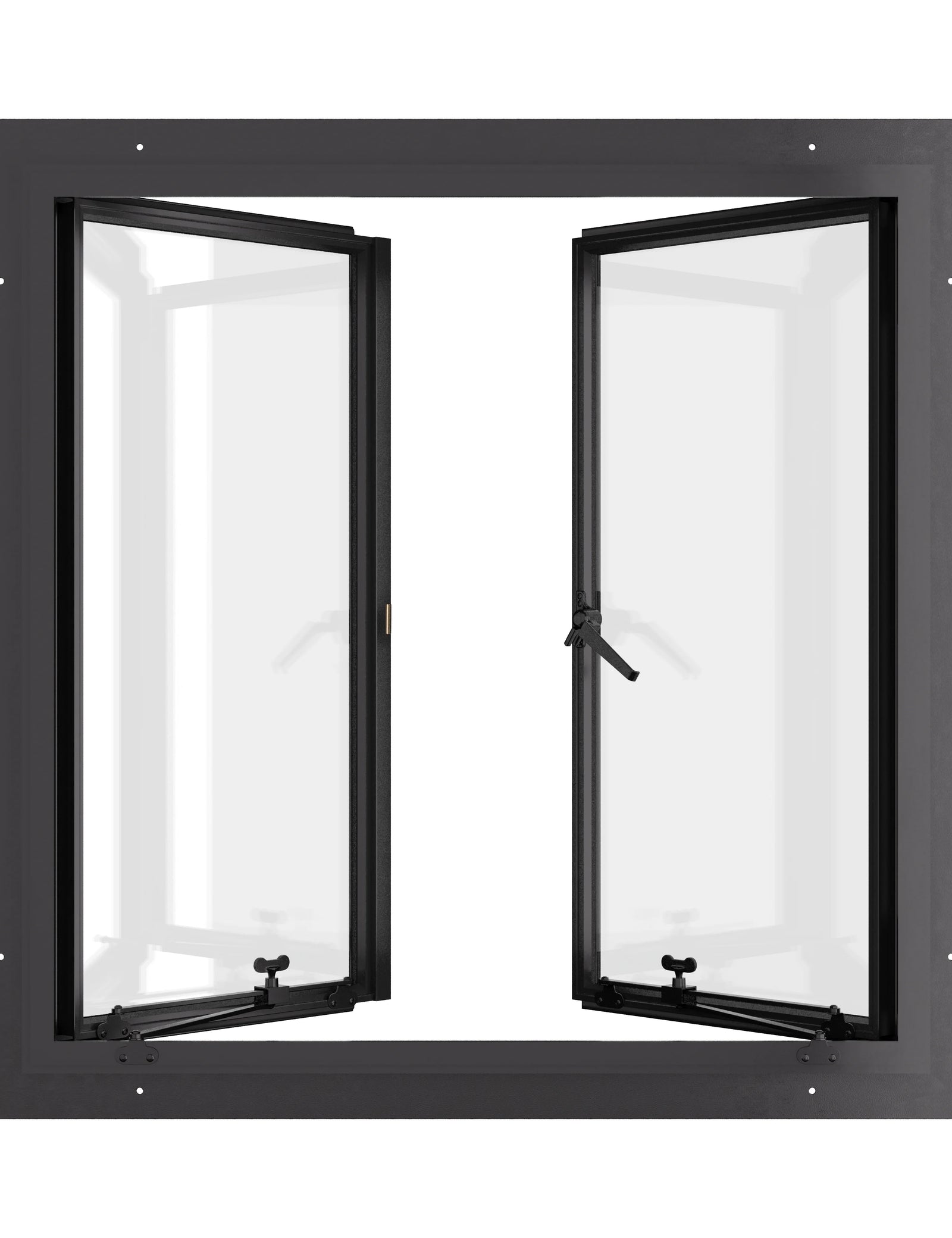 Thermally broken double casement steel window, square, cold-rolled steel, black finish, Low-E glass