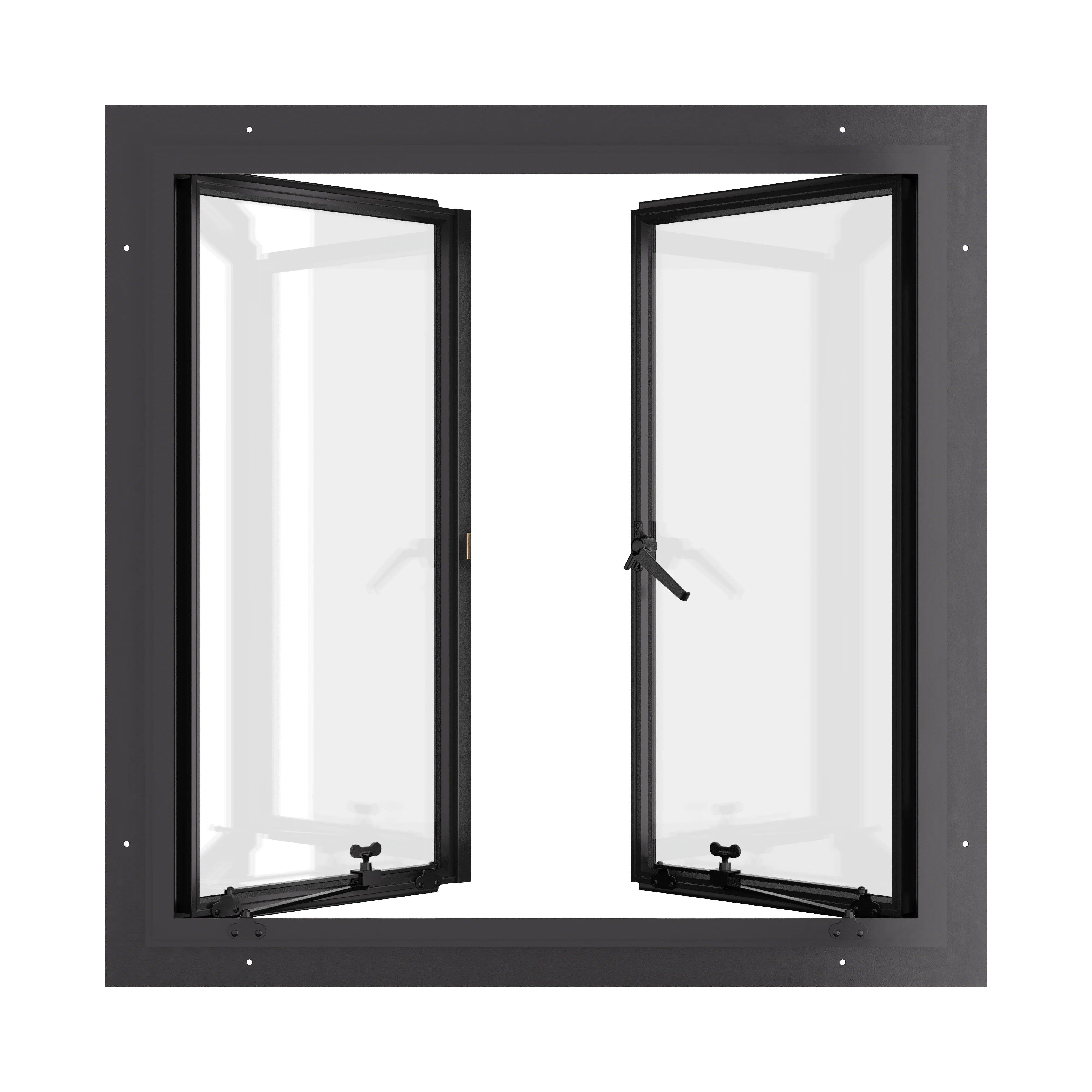 Thermally broken double casement steel window, square, cold-rolled steel, black finish, Low-E glass