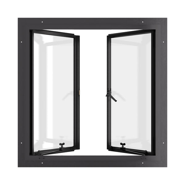 Thermally broken double casement steel window, square, cold-rolled steel, black finish, Low-E glass