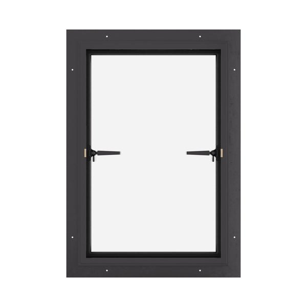 Thermally broken push-out steel window, cold-rolled galvanized steel, black, dual pane Low-E glass