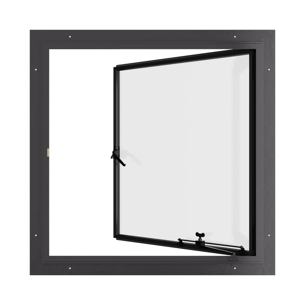 Thermally broken single casement steel window, square, cold-rolled steel, black finish, Low-E glass