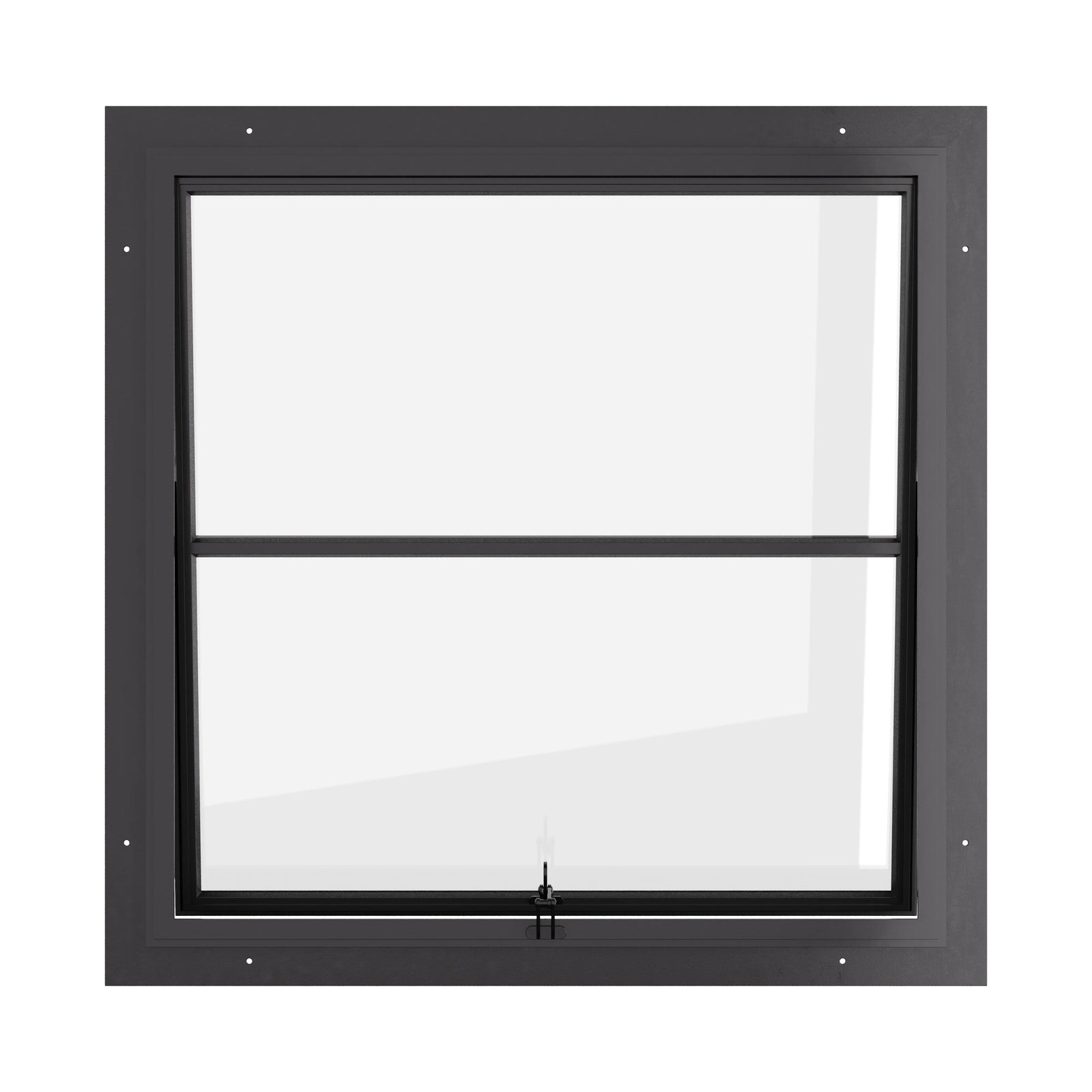 Awning steel window, square, 0V 1H grid, ring pull, hot-rolled steel, black finish, Low-E glass
