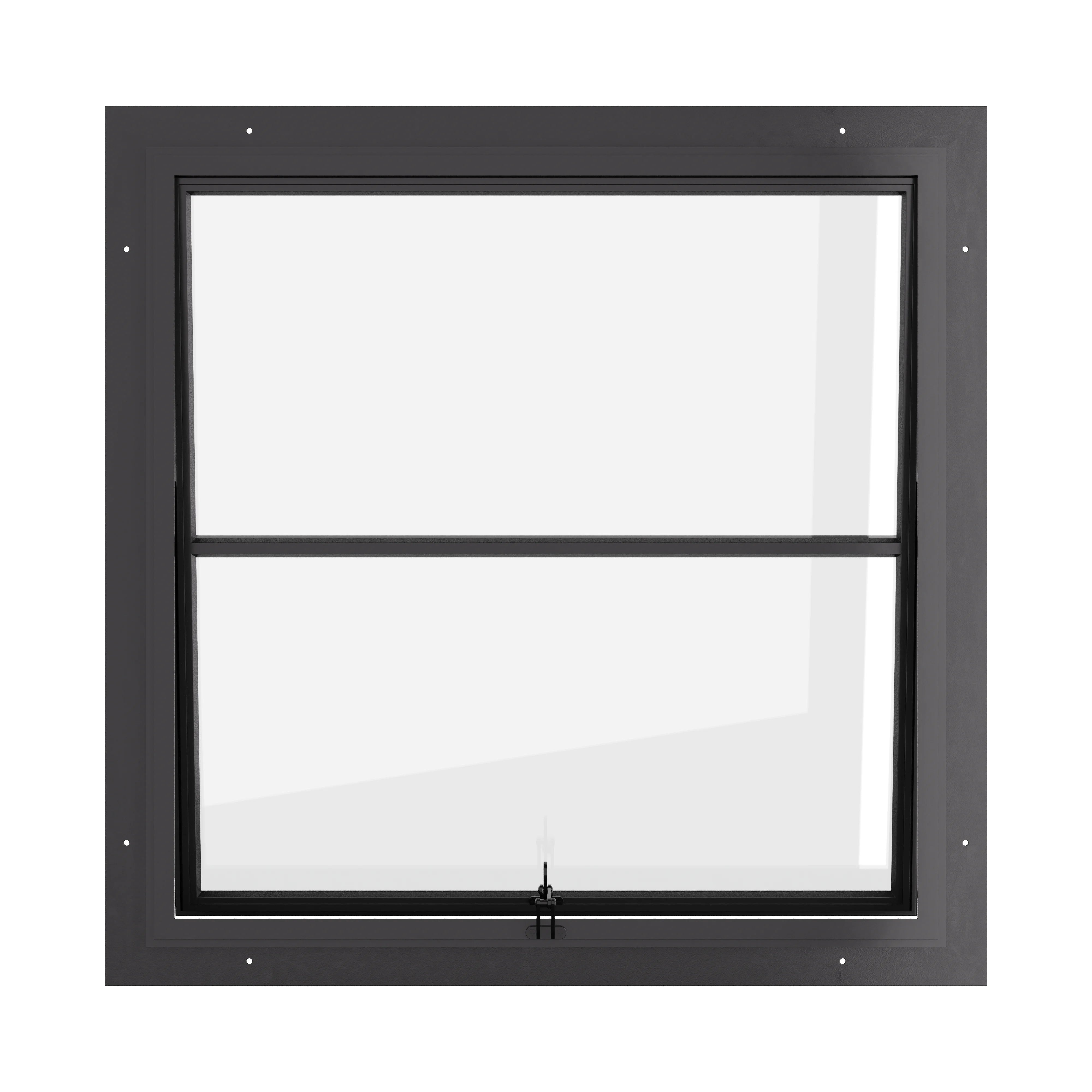 Awning steel window, square, 0V 1H grid, ring pull, hot-rolled steel, black finish, Low-E glass