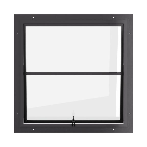 Awning steel window, square, 0V 1H grid, ring pull, hot-rolled steel, black finish, Low-E glass