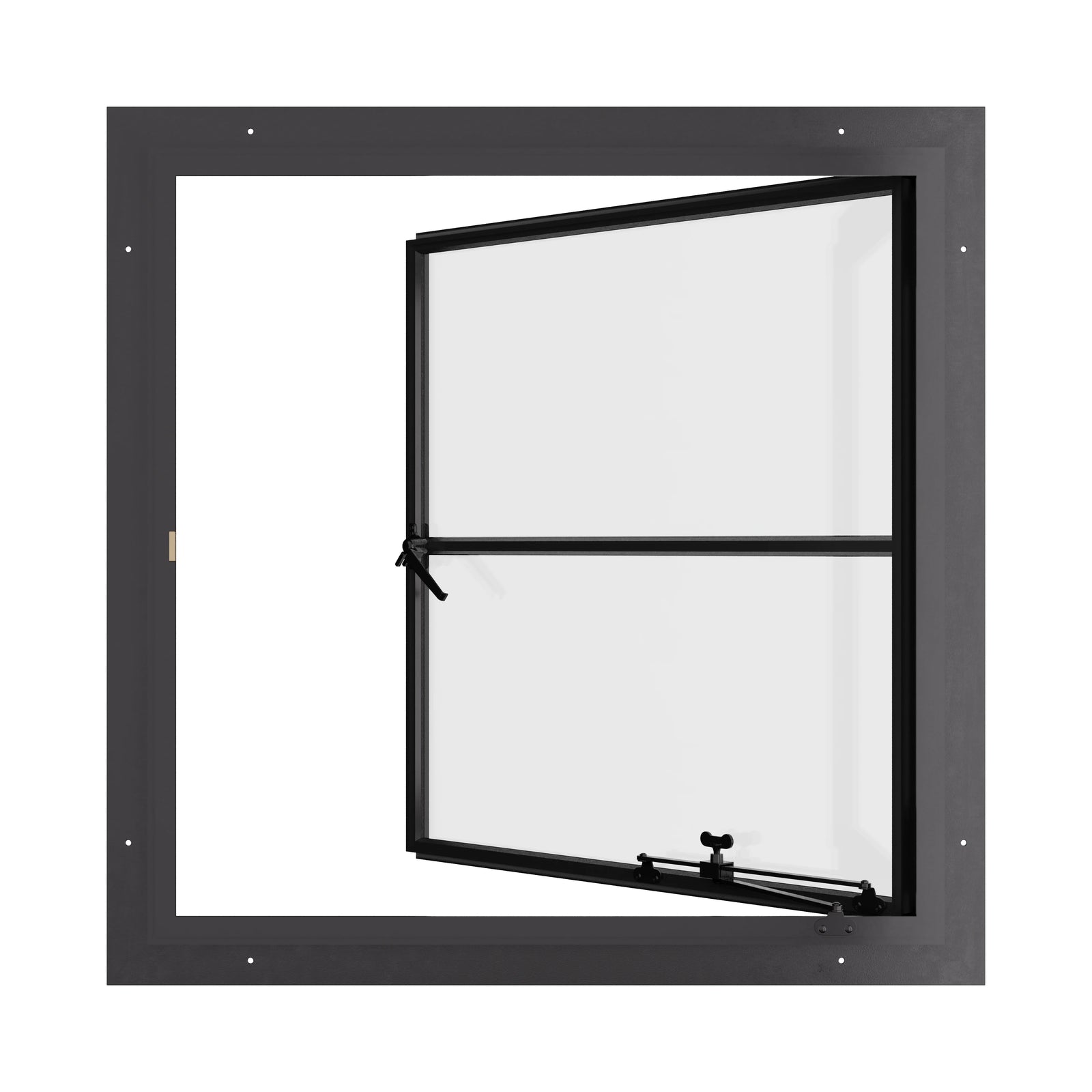 Square steel casement window with transom, energy-efficient glazing for California homes