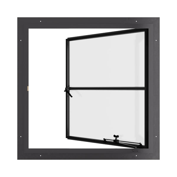 Square steel casement window with transom, energy-efficient glazing for California homes