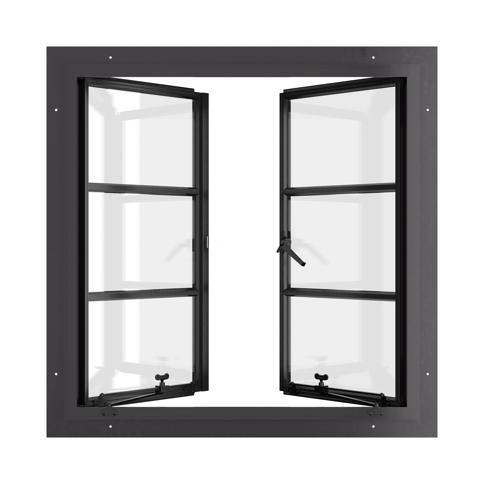 Thermally broken square double casement steel window, dual pane Low-E glass