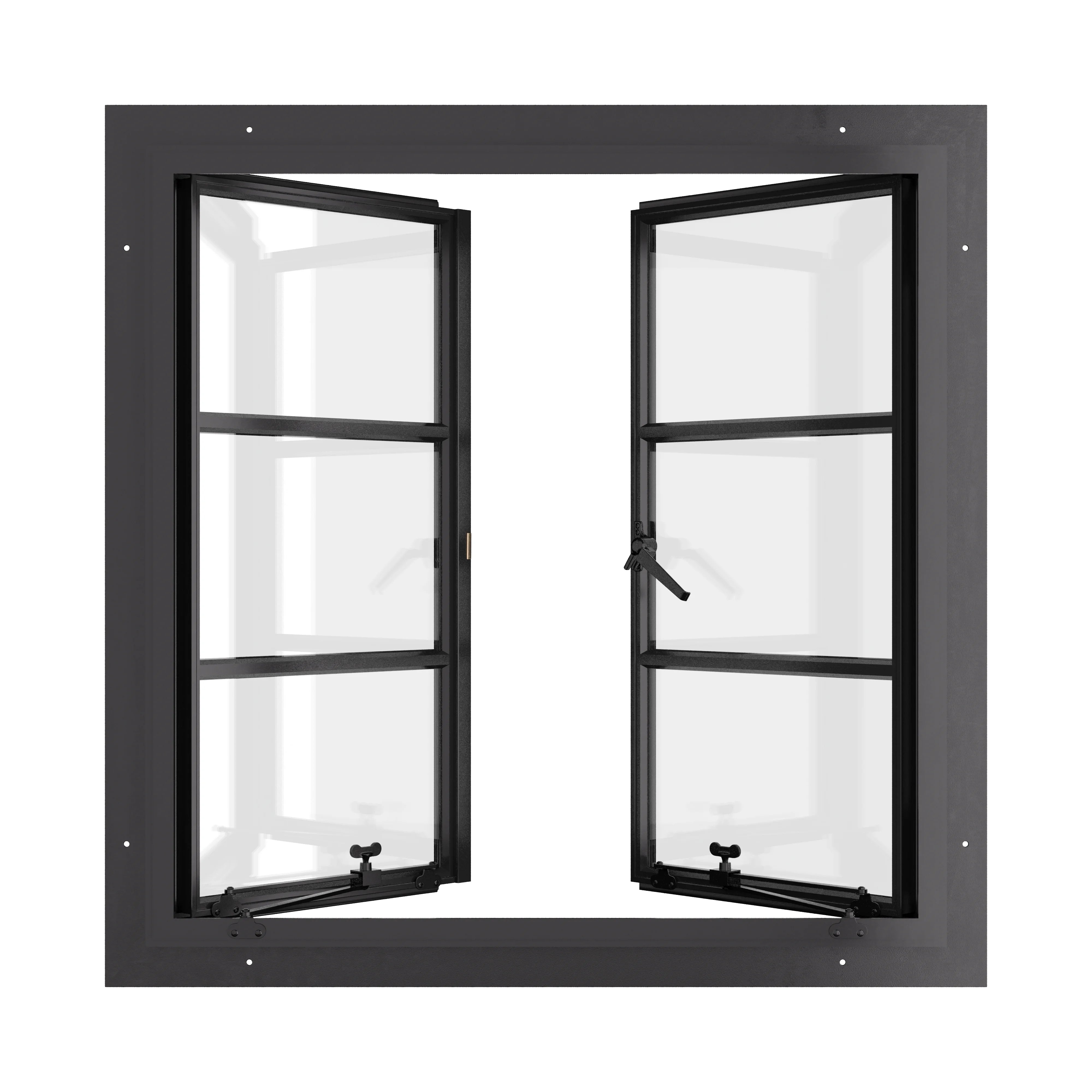 Thermally broken square double casement steel window, dual pane Low-E glass