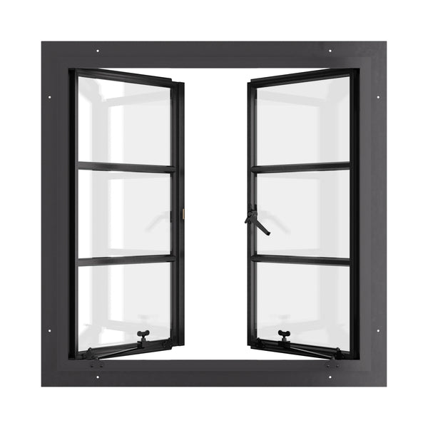 Thermally broken square steel double casement window, energy-efficient glazing