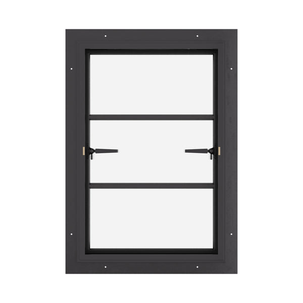 Thermally broken push-out steel window, 0V 2H grid, cold-rolled steel, black finish, Low-E glass