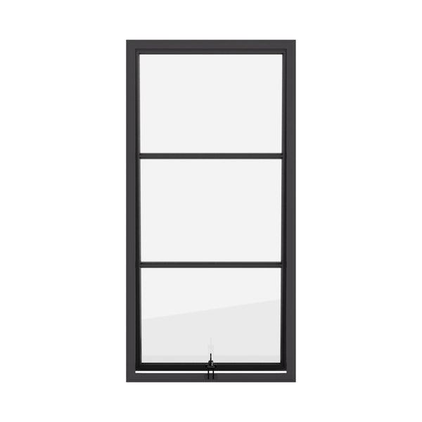 Awning steel window, portrait, 0V 2H grid, ring pull, hot-rolled steel, black finish, Low-E glass