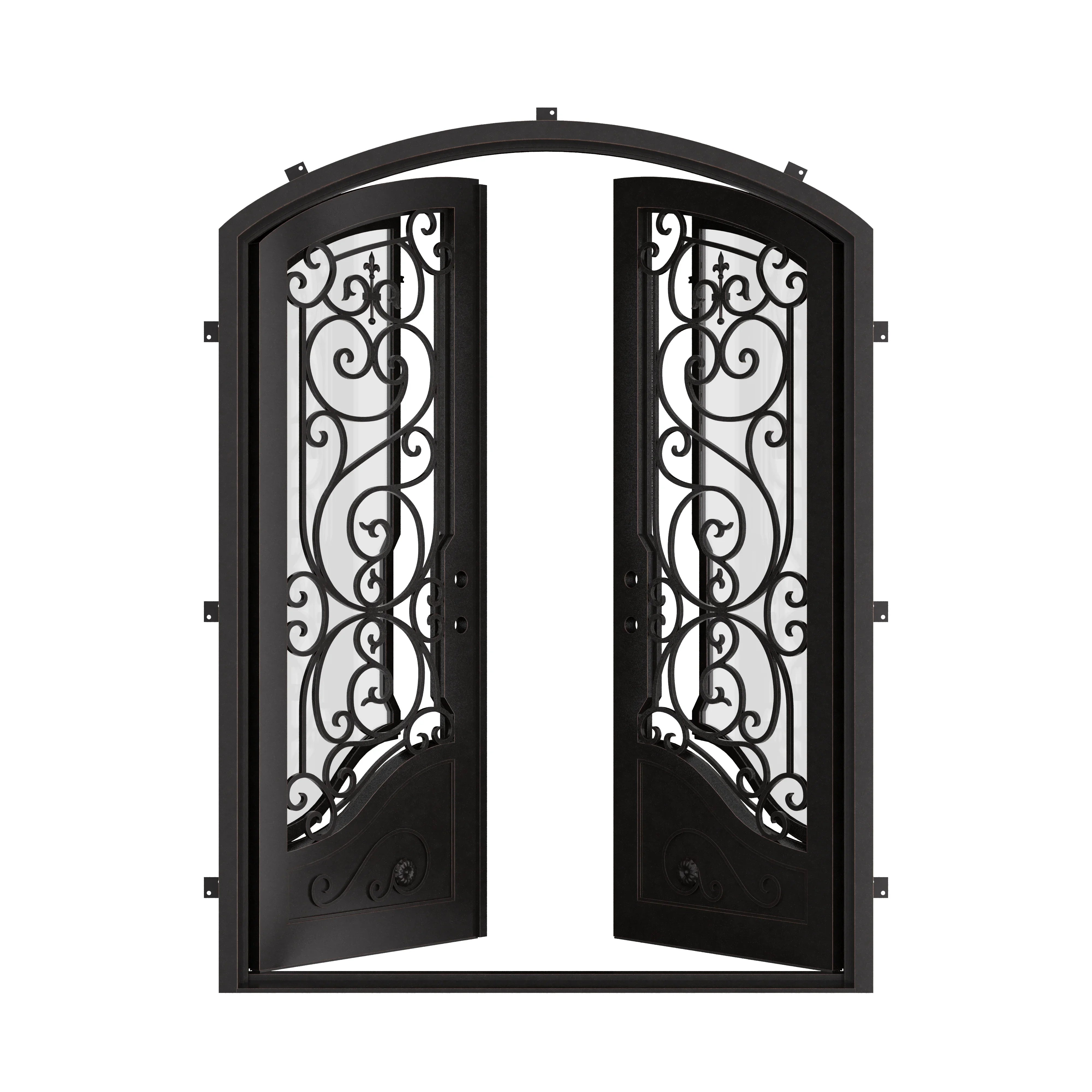 Beverly double iron door with glass in bronze finish and arch top.