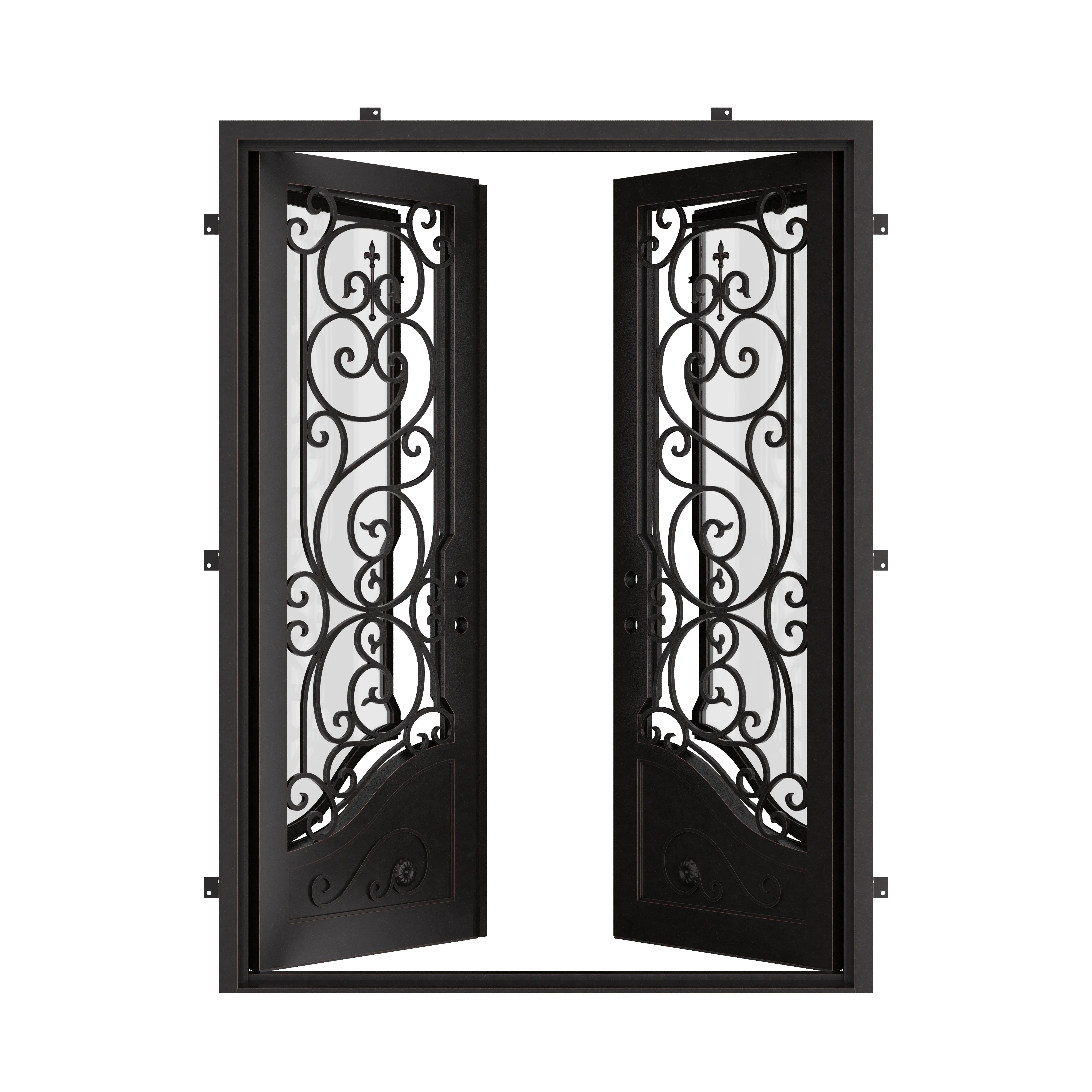 Beverly pre-hung black wrought iron double square top entry door.