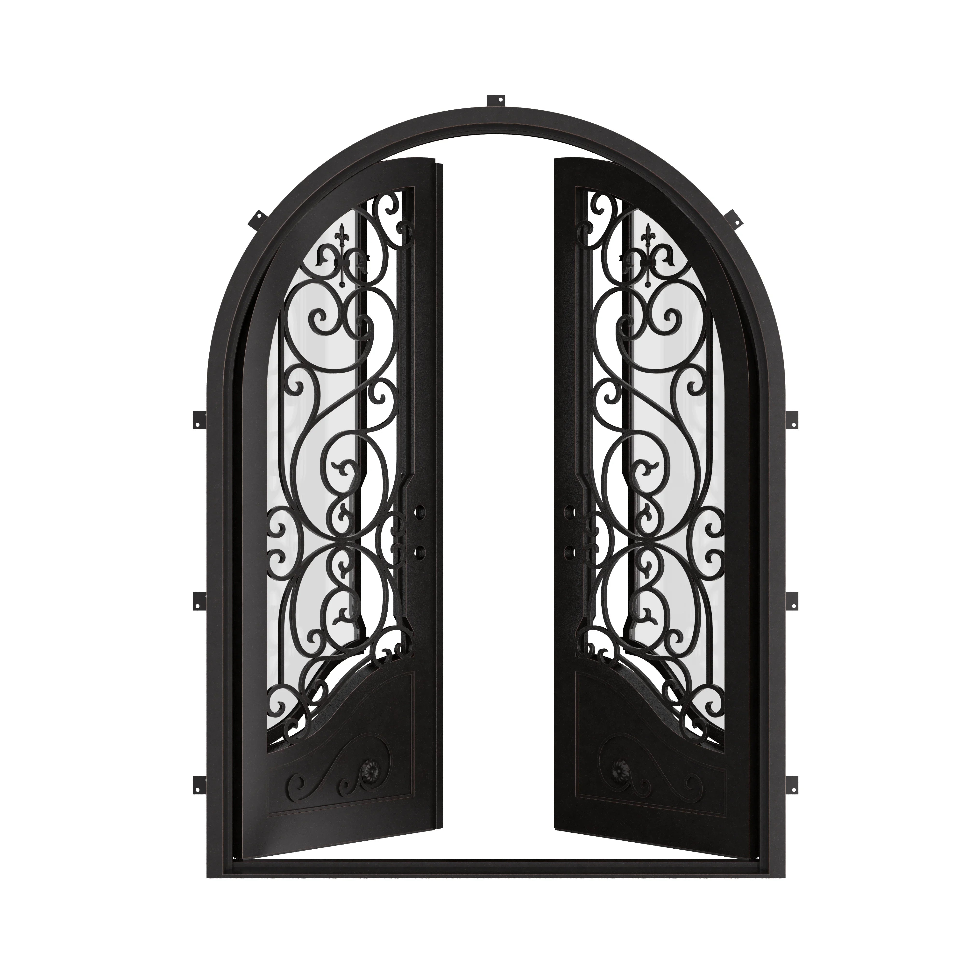 Beverly double full arch top swing door with tempered glass and decorative metalwork.