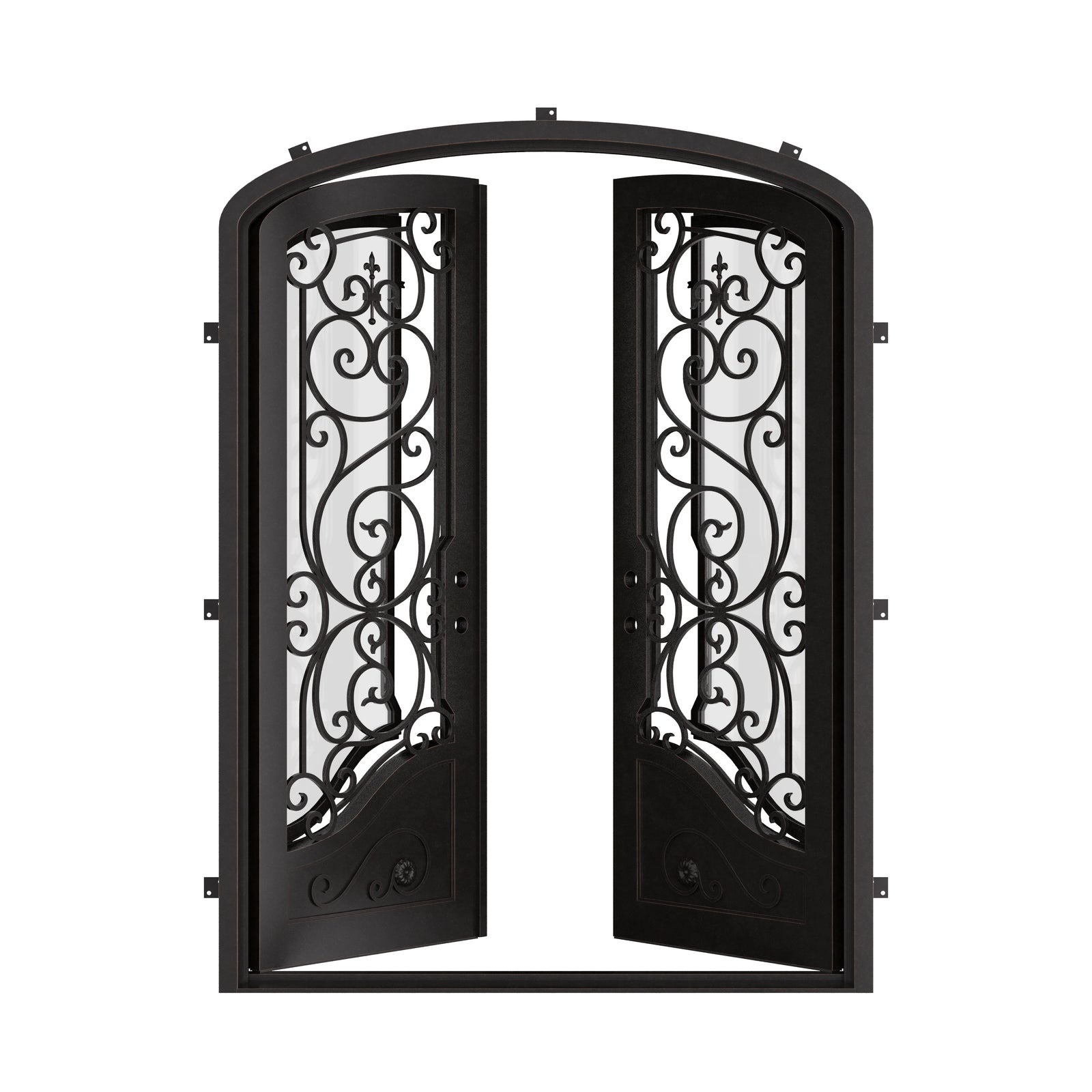 Beverly bronze shaded iron entry door with efficient glass and arch top.
