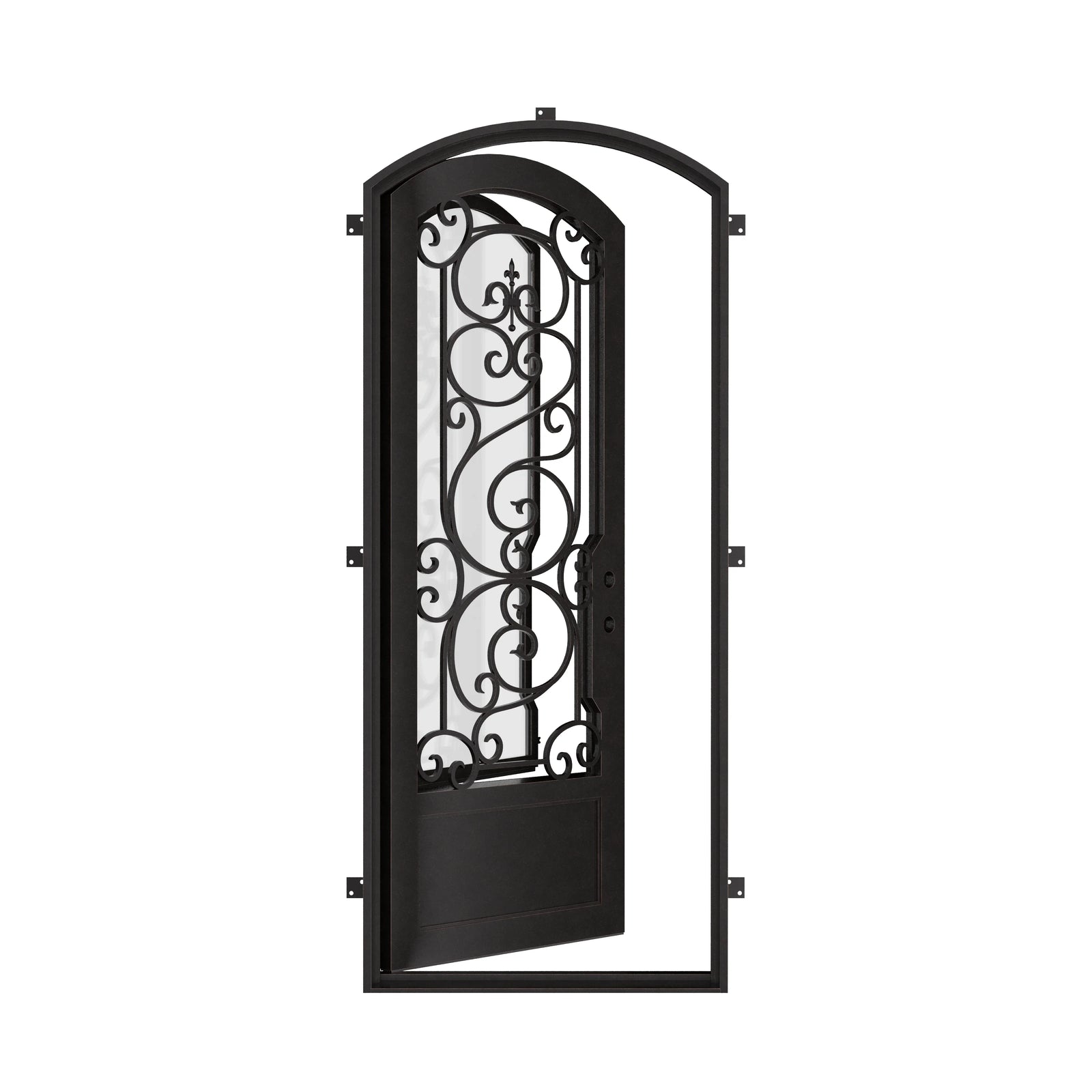 Beverly black finished arch top single door for cold climates.