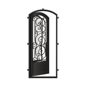 Beverly pre-hung black metal eyebrow arch top door with glass panel.