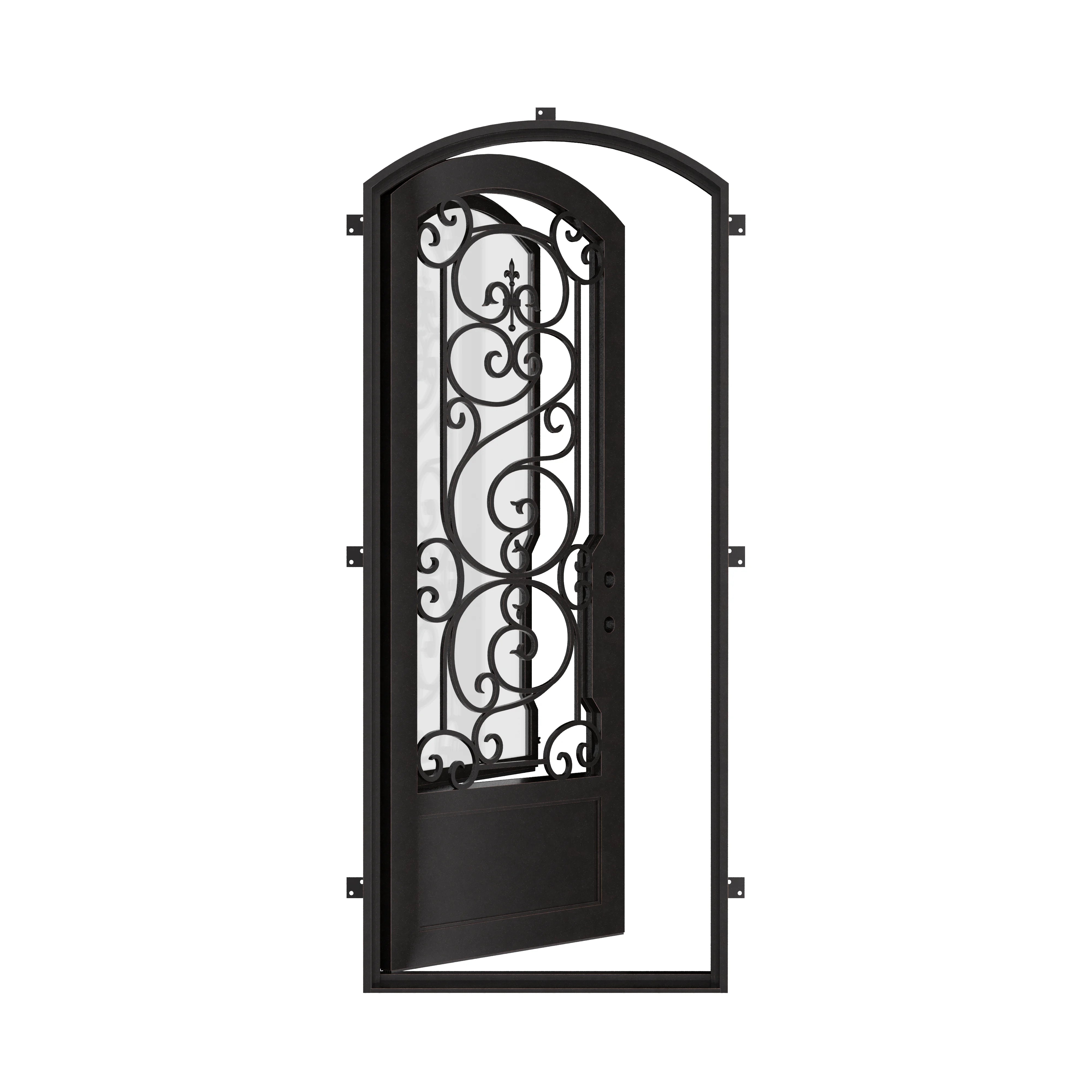 Beverly pre-hung black metal eyebrow arch top door with glass panel.