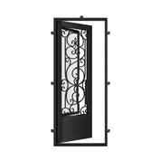 Beverly Bronze color metal flat top single swing door with thick glass panel.