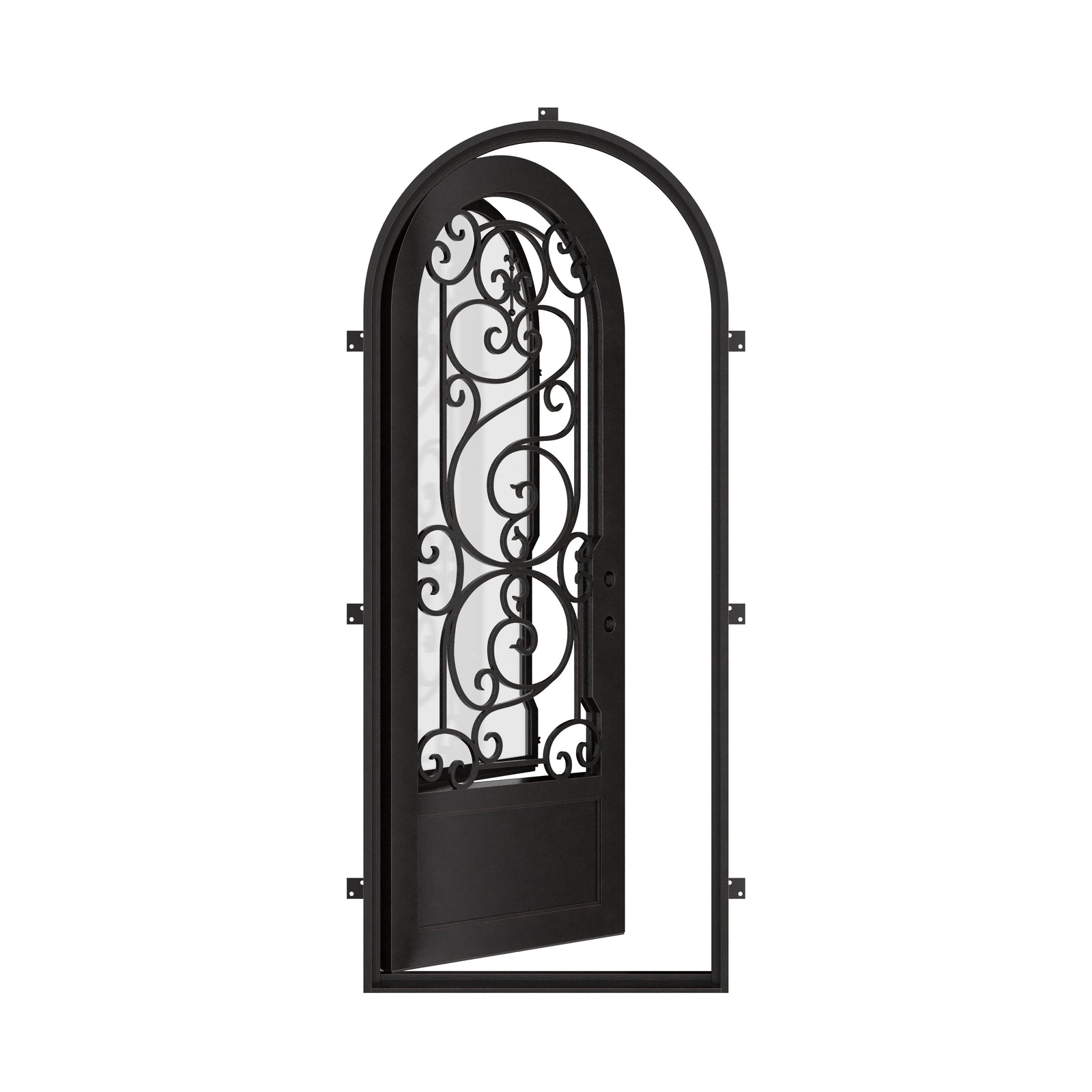 Beverly single full arch top entry door with operable tempered glass panel.