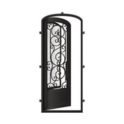 Beverly pre-hung black iron mini arch top single door with decorative scrollwork.