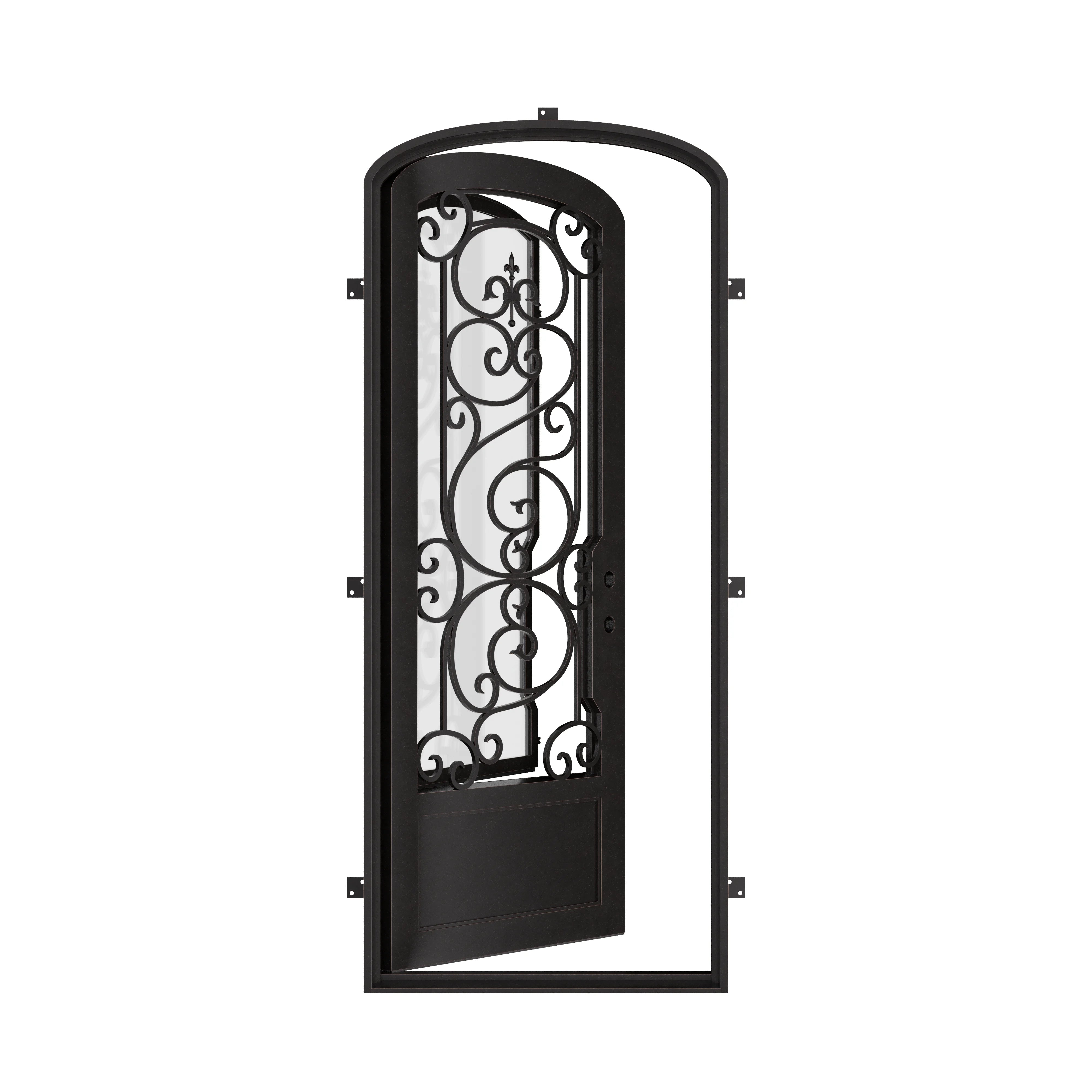 Beverly pre-hung black iron mini arch top single door with decorative scrollwork.